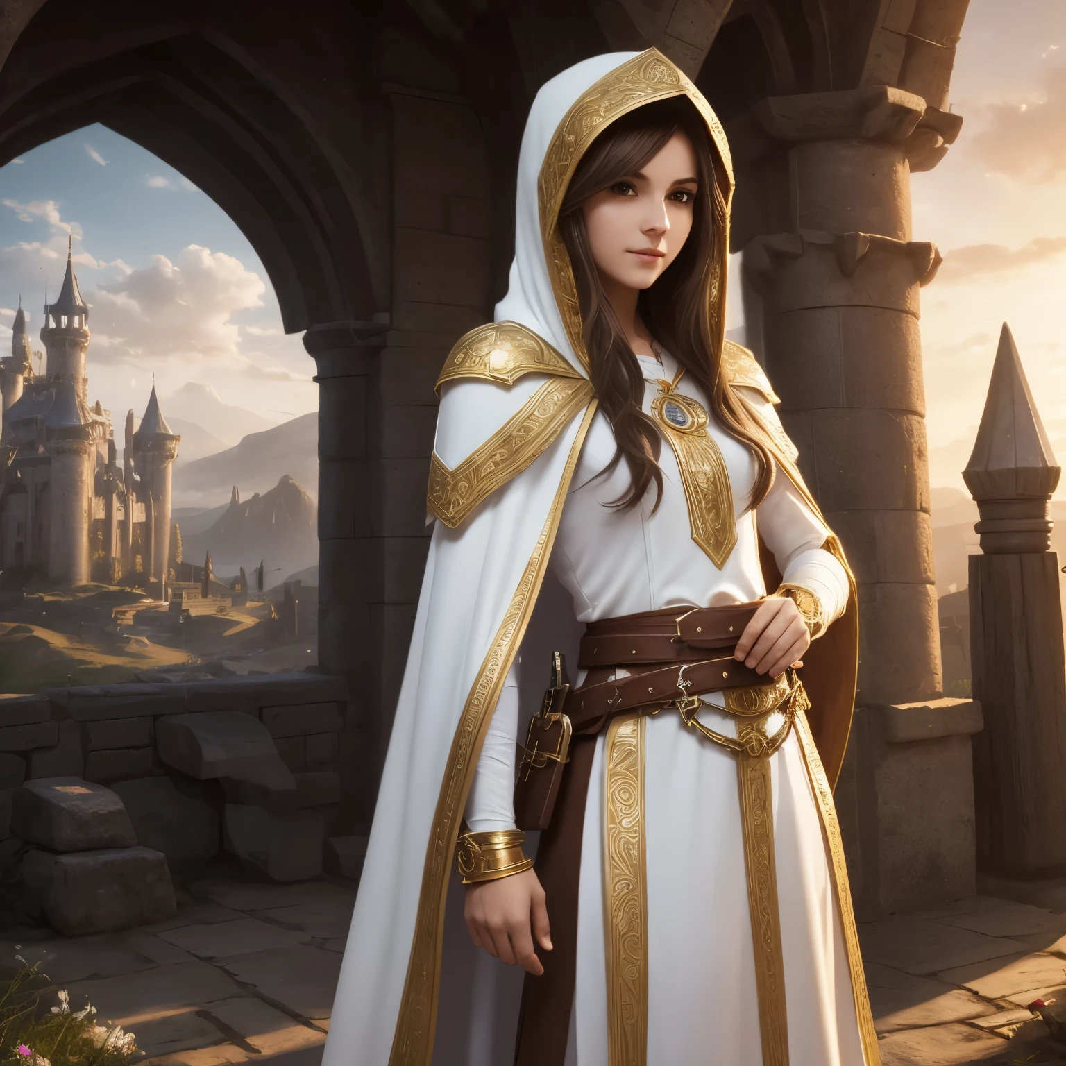 young role-playing style woman brown hair fair skin snub nose wearing white tunic with gold details priestess style cleric with hood on head and innocent expression small silver armor on wrists leather utility belt full body image with landscape background RPG castle sunny day