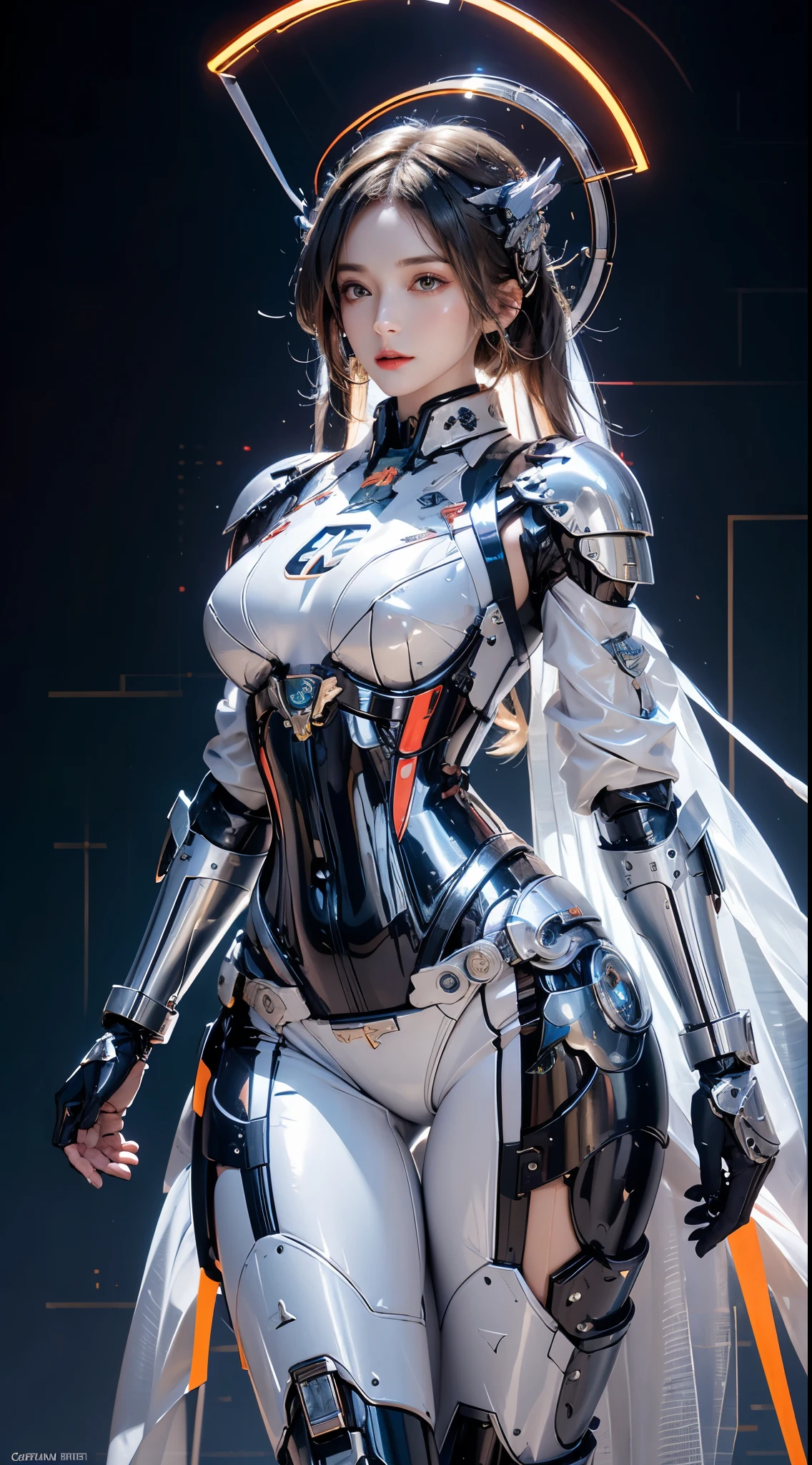 Photorealistic, High resolution, 1womanl, maturefemale, Solo, hips up high, 机器人, mecha musume,Mechanical parts, 机器人 joints,Single mechanical arm, Headgear, Mechanical halo,Star Halo,intricate mechanical bodysuit, mecha corset, full armor, White Mecha Body