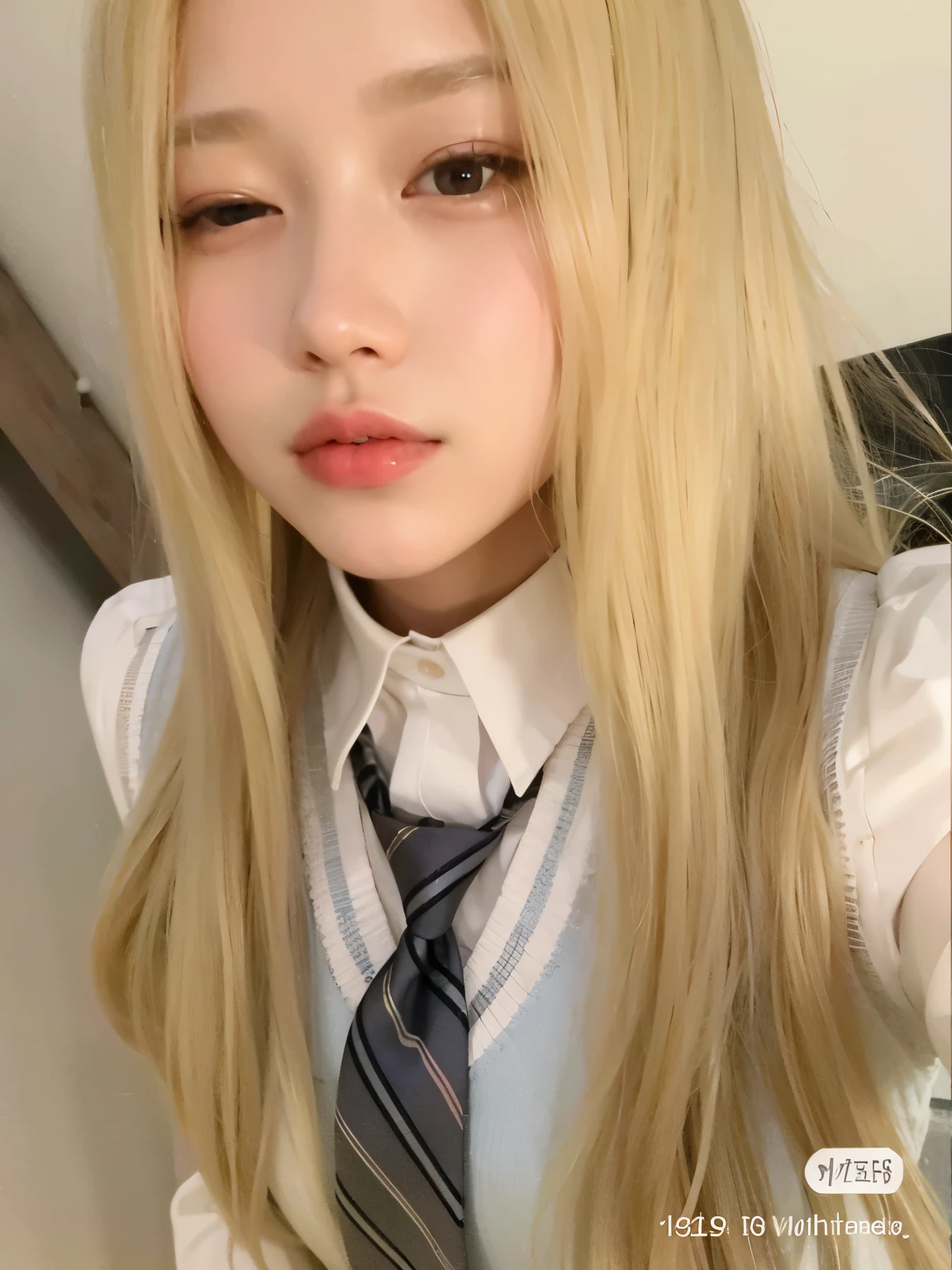 blonde haired girl with long hair wearing a tie and a white shirt, ulzzang, roseanne park of blackpink, lalisa manoban of blackpink, shikamimi, lalisa manobal, jaeyeon nam, a hyperrealistic schoolgirl, with long blond hair, with white long hair, jossi of blackpink, korean girl, very very pale blond hair