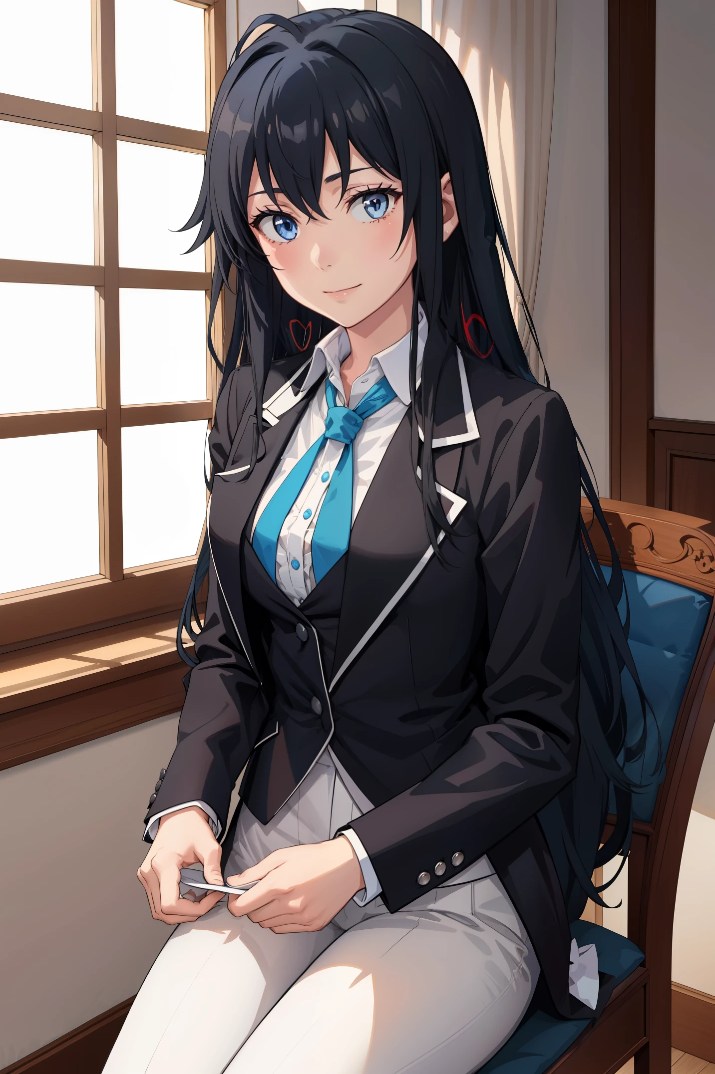 Yukinoshita yukino ,woman in formal attractive tailcoat standing in a large alcove in the room , 1girl, solo, blue necktie, black hair, blue eyes, long hair, smile , collared shirt, white pants, white shirt , tailored tailcoat elegant , standing in front of a window ,tailcoat tailored to perfection. Featuring striking Victorian theme and crafted from the lustrous fabric