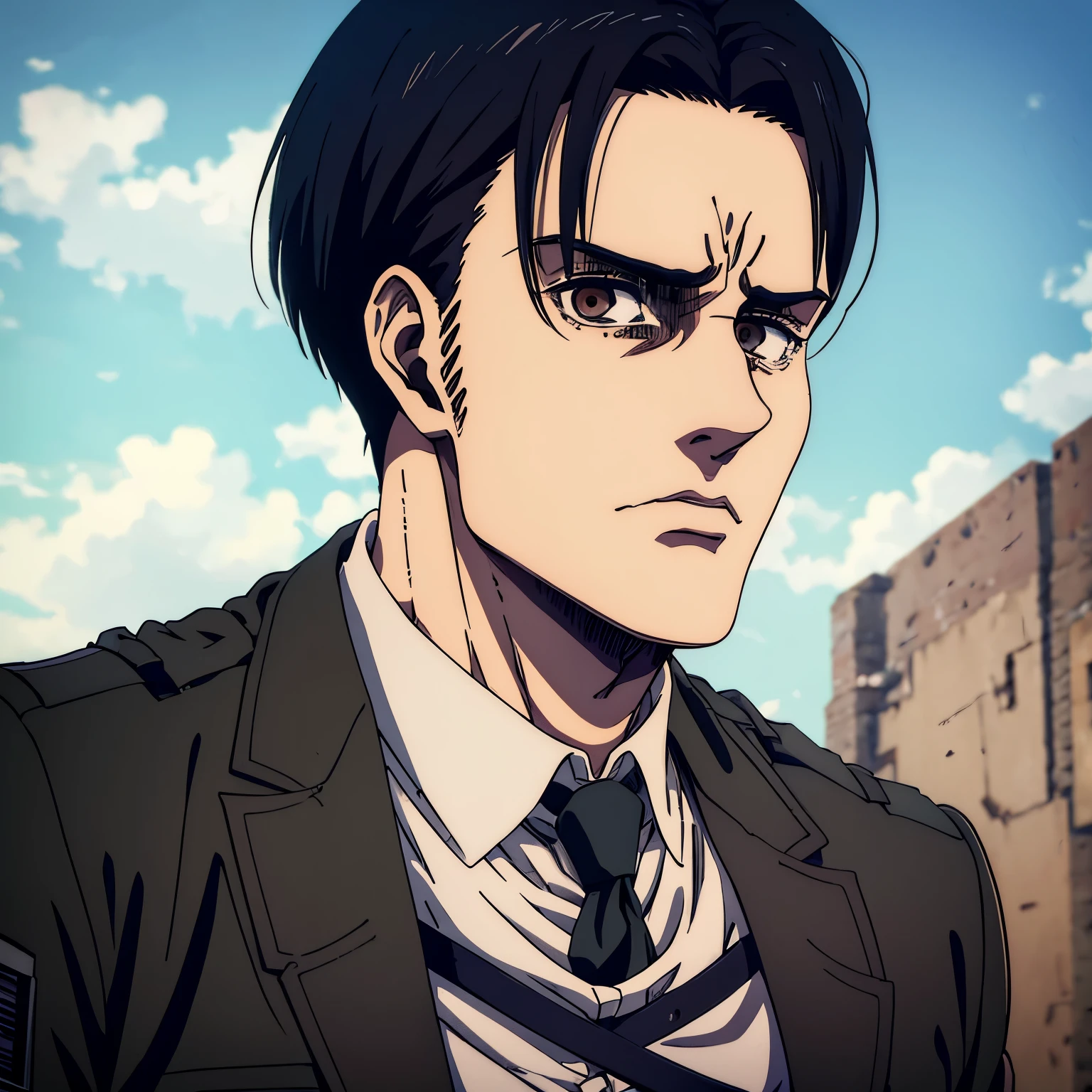 Attack on Titan screencap of male in mappa art style who has black hair  and has brown eyes. Show him in black shirt. Give him sharp jawline.don't show his sideburns. He is alone. Show him wearing black suit. Front angle