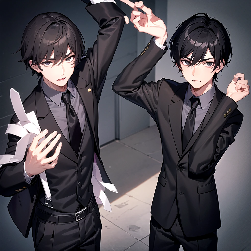 masterpiece, best quality, 1boy, mature male, straight hair, short hair, dark hair, black eyes, black jacket, collared shirt, necktie, black pants, office