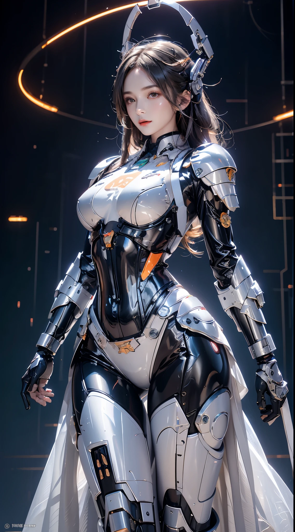 Photorealistic, High resolution, 1womanl, maturefemale, Solo, hips up high, 机器人, mecha musume,Mechanical parts, 机器人 joints,Single mechanical arm, Headgear, Mechanical halo,Star Halo,intricate mechanical bodysuit, mecha corset, full armor, White Mecha Body