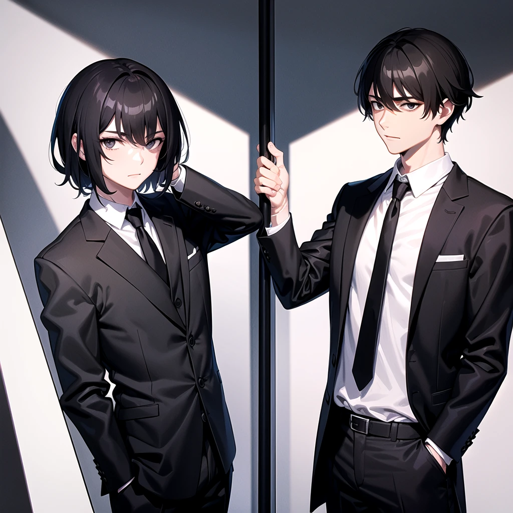 masterpiece, best quality, 1boy, mature male, straight hair, short hair, dark hair, black eyes, black jacket, white shirt, collared shirt, necktie, black pants, office