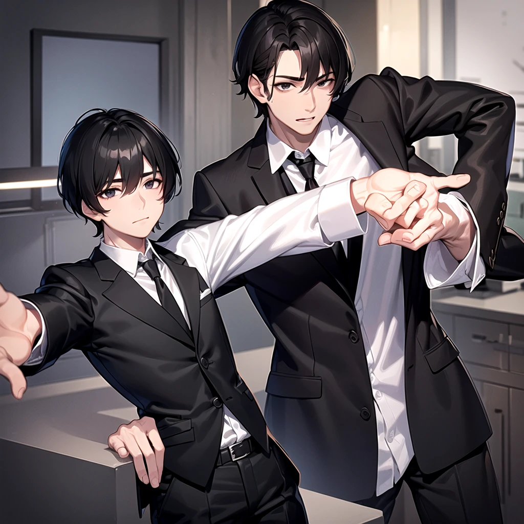 masterpiece, best quality, 1boy, mature male, straight hair, short hair, dark hair, black eyes, black jacket, white shirt, collared shirt, necktie, black pants, office