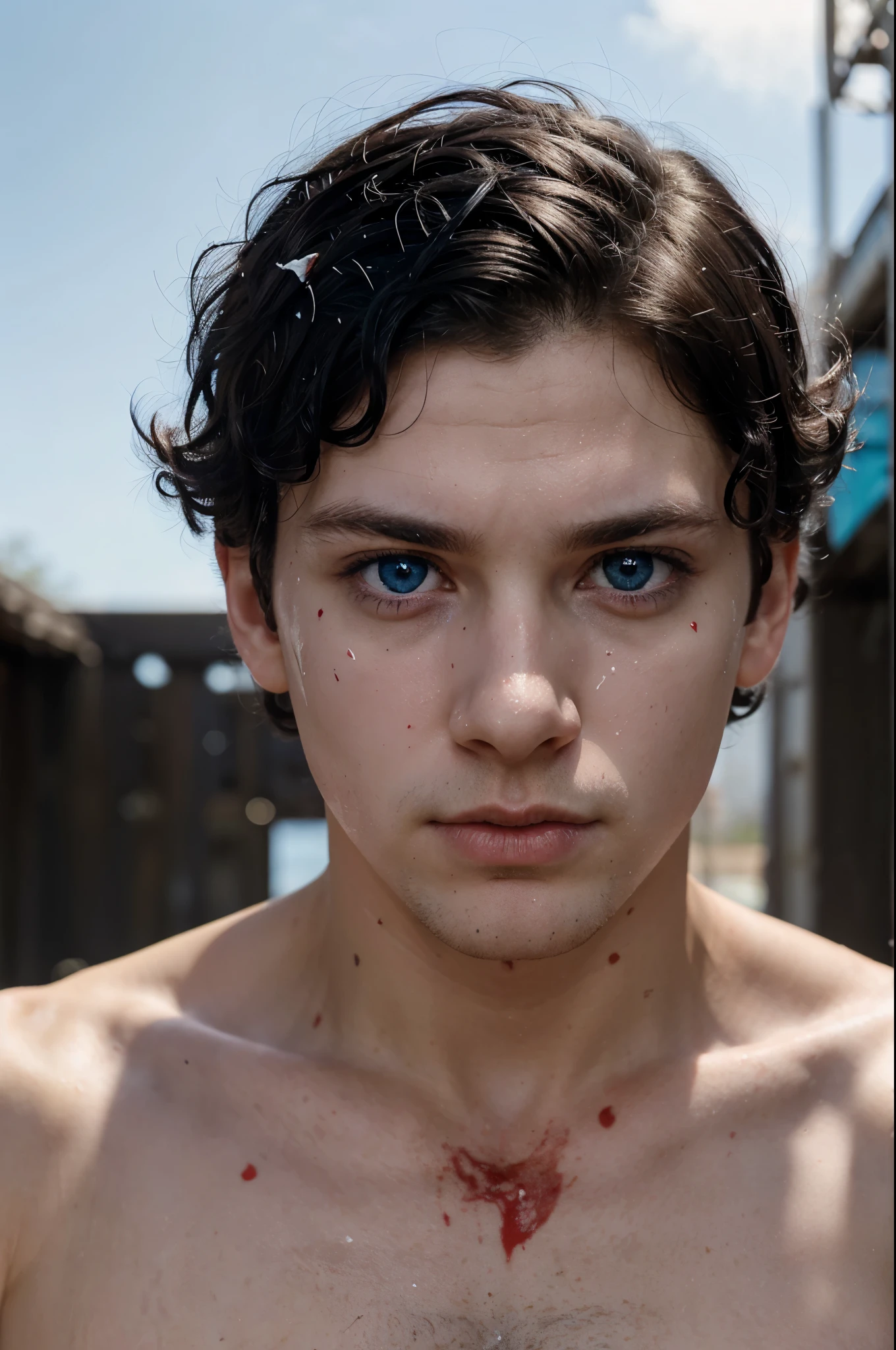 Extremely pale male staring at the camera with blood splatter on his cheek giving an ice cold glare with bright brilliant blue eyes and short curly black hair