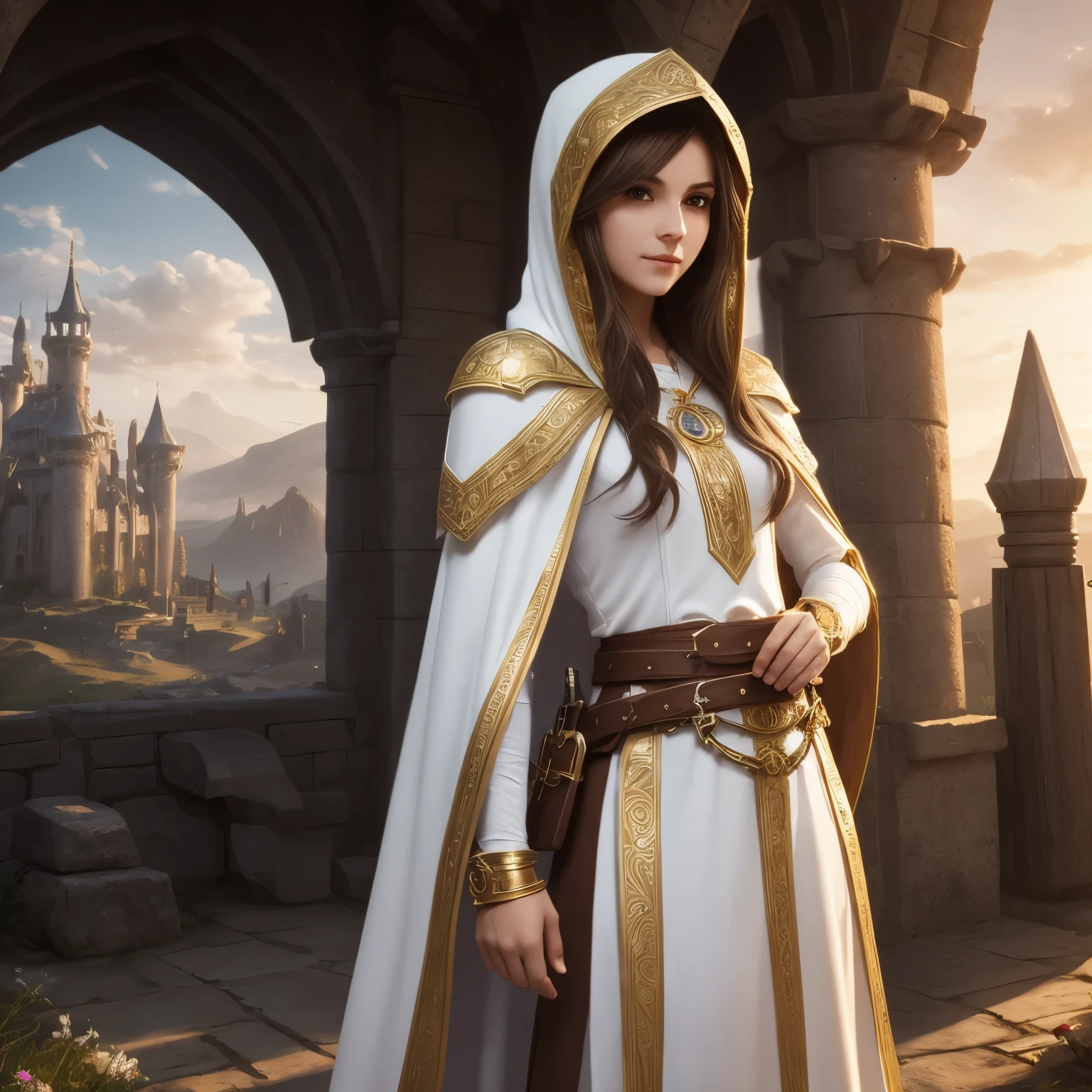 young role-playing style woman brown hair fair skin snub nose wearing white tunic with gold details priestess style cleric with hood on head and innocent expression small silver armor on wrists leather utility belt full body image with landscape background RPG castle sunny day
