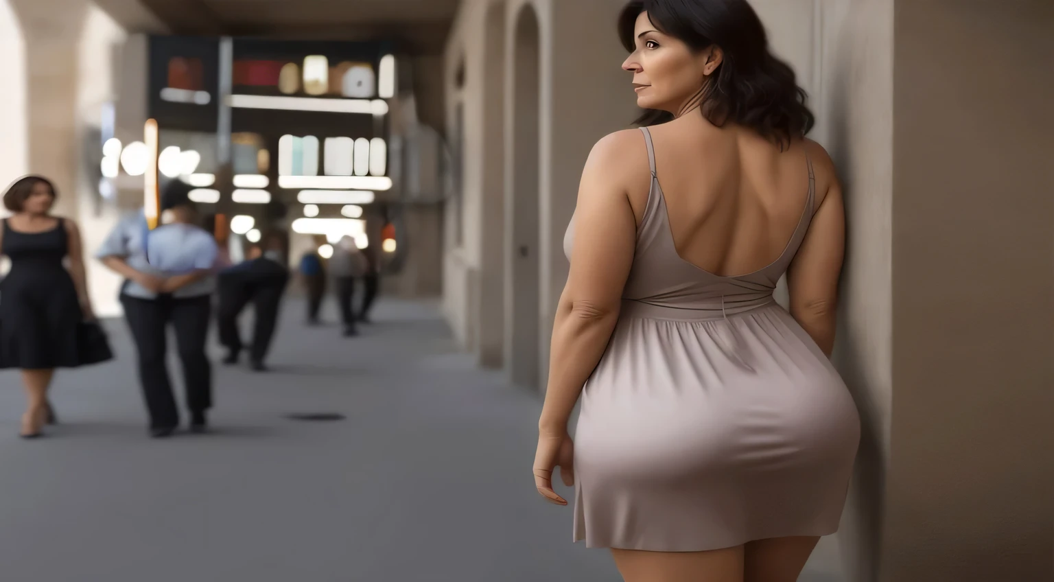 There is a woman in a dress standing on a sidewalk - SeaArt AI