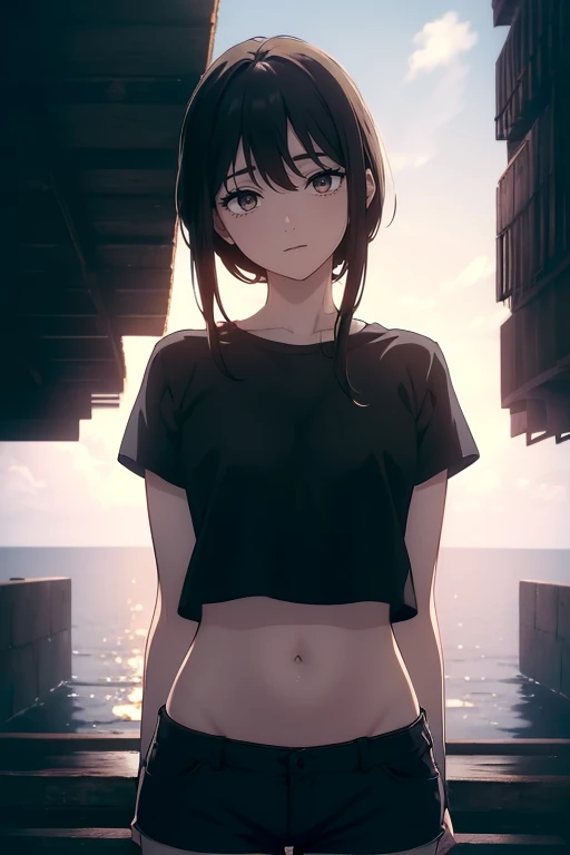 ((((Obra maestra, La mejor calidad, ultrahigh resolution)))), 1girl, standing, (baggy t-shirt, loose fitting shorts), (((lack hair, dark black hair over eye:1))), long hair cut, pale skin, ((brown eyes)), glowing_eyes, neon eyes, (ultra detailed eyes:0.7, beautiful and detailed face, detailed eyes:0.9), ((centered)), smile, ((wide shot)), facing viewer, ((vibrant background, bright lighting, summer, sunlight)), flat chested, looking at viewer, ((half closed eyes)), ((perfect hands)), (((head:1, arms, hips in view, elbows, arms, in view))), ((hands behind back)), empty eyes, beautiful lighting, outside, outdoors, background, defined subject, 25 years old, head tilt, (((cool looking)))