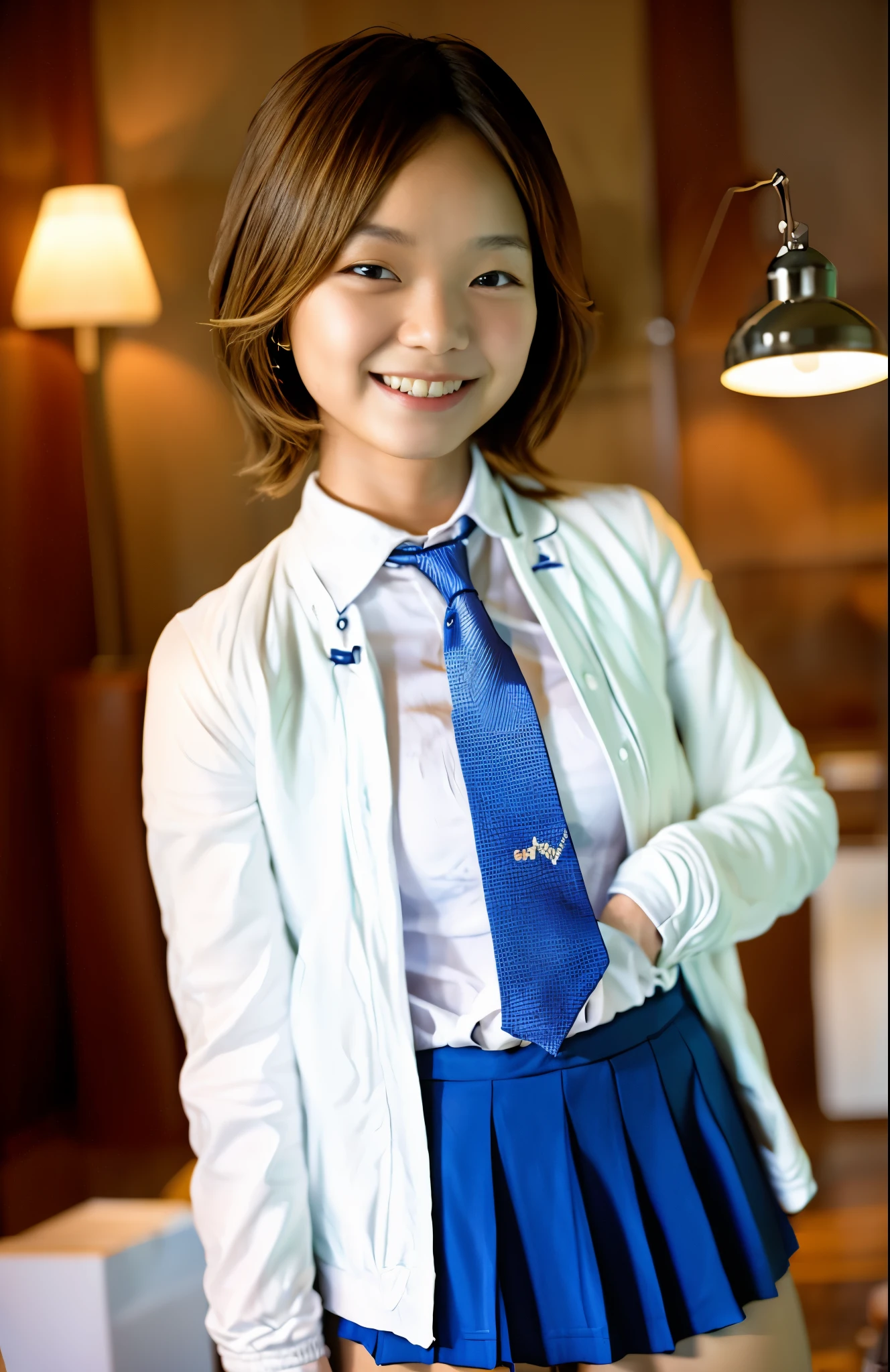 masutepiece, Best Quality, Ultra-detailed, 1girl in, alice, White jacket, White shirt, blue necktie, Pleated skirt, Halo, Indoors, Smile