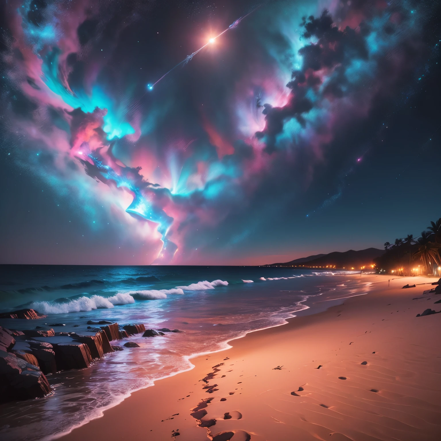 vibrant colorful nebulas, planets shining in the distance, a mesmerizing moonlit summer night by the beach, (best quality, 4k, highres, ultra-detailed, realistic:1.37, professional) artwork revealing lively scenes, (vivid colors, bokeh) enhancing the atmosphere, with (extreme detail description) on every element.