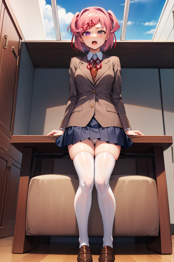 ((full body:1.4)), ddlcnatsuki, ddlcnatsuki, fang, hair ornament, pink hair, (purple eyes:1.1), short hair, short sidetail, swept bangs, x hair ornament, BREAK blazer, blue skirt, brown jacket, collared shirt, jacket, long sleeves, miniskirt, neck ribbon, pleated skirt, red ribbon, ribbon, school uniform, shirt, skirt, swept bangs, vest, white shirt, wing collar, x hair ornament, sitting on sofa, ((medium breasts:1.4)), ((Brown loafers:1.4)) BREAK looking at viewer, BREAK indoors, classroom, BREAK (masterpiece:1.2), best quality, high resolution, unity 8k wallpaper, (illustration:0.8), (beautiful detailed eyes:1.6), extremely detailed face, perfect lighting, extremely detailed CG, (perfect hands, perfect anatomy), ((ahegao face:1.4)), ((sky from bellow:1.4)), ((view from below:1.4)), ((black thighhighs:1.4)), ((show white panties:1.4))