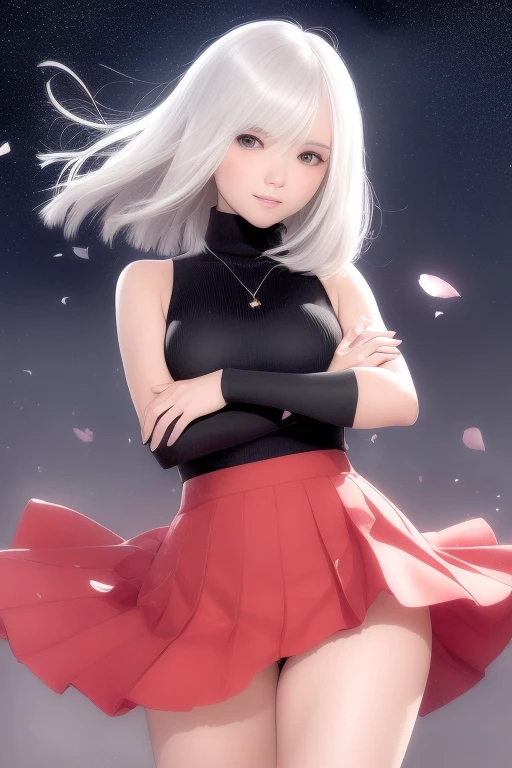 (Short flowy haircut) , cute medium side bangs, ((white hair)), galaxy scenery background, (starry evening sky), ultra detailed, young Japanese woman, (wearing elegant bracelet) , ((wearing thick thigh strap)), beautiful face, ((wearing a bright sleeveless turtleneck knitted sweater)), ((pleated skirt)), ((hair flowing beautifully in the wind)) , perfect smooth legs, (finger on lips), (crossed arms), (((contrast rich rim lighting from both sides))) , ((very short golden finger nail polish)), (laced up boots with high heels) , perfect eyes, firm large sized breast, crossed arms, thick calves, correct anatomy, tony taka art style, (cherry petals flying in the air by a soft breeze), standing with one leg diagonally behind the other ,ultra wide angle view, jewellery, ((cinematic depth of field)), bokeh particles, underwear, (((girly posing))), (blushing and smiling face)