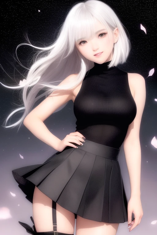 (Short flowy haircut) , cute medium side bangs, ((white hair)), galaxy scenery background, (starry evening sky), ultra detailed, young Japanese woman, (wearing elegant bracelet) , ((wearing thick thigh strap)), beautiful face, ((wearing a bright sleeveless turtleneck knitted sweater)), ((pleated skirt)), ((hair flowing beautifully in the wind)) , perfect smooth legs, (finger on lips), (crossed arms), (((contrast rich rim lighting from both sides))) , ((very short golden finger nail polish)), (laced up boots with high heels) , perfect eyes, firm large sized breast, crossed arms, thick calves, correct anatomy, tony taka art style, (cherry petals flying in the air by a soft breeze), standing with one leg diagonally behind the other ,ultra wide angle view,  jewellery, ((cinematic depth of field)), bokeh particles, underwear, (((girly posing))), (blushing and smiling face)