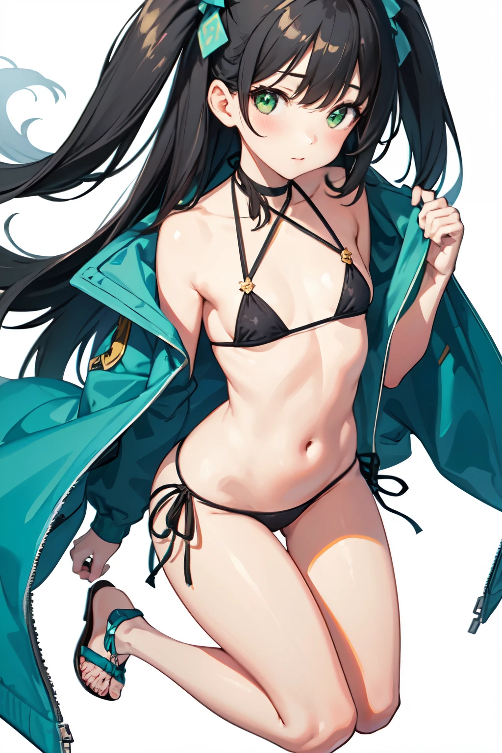 (Best quality, masterpiece), 1 girl, (simple white background: 1.2), black and green hair, super cute, full body, ID photo, close-up, long hair, small chest, bikini, blush, sandals, big hips