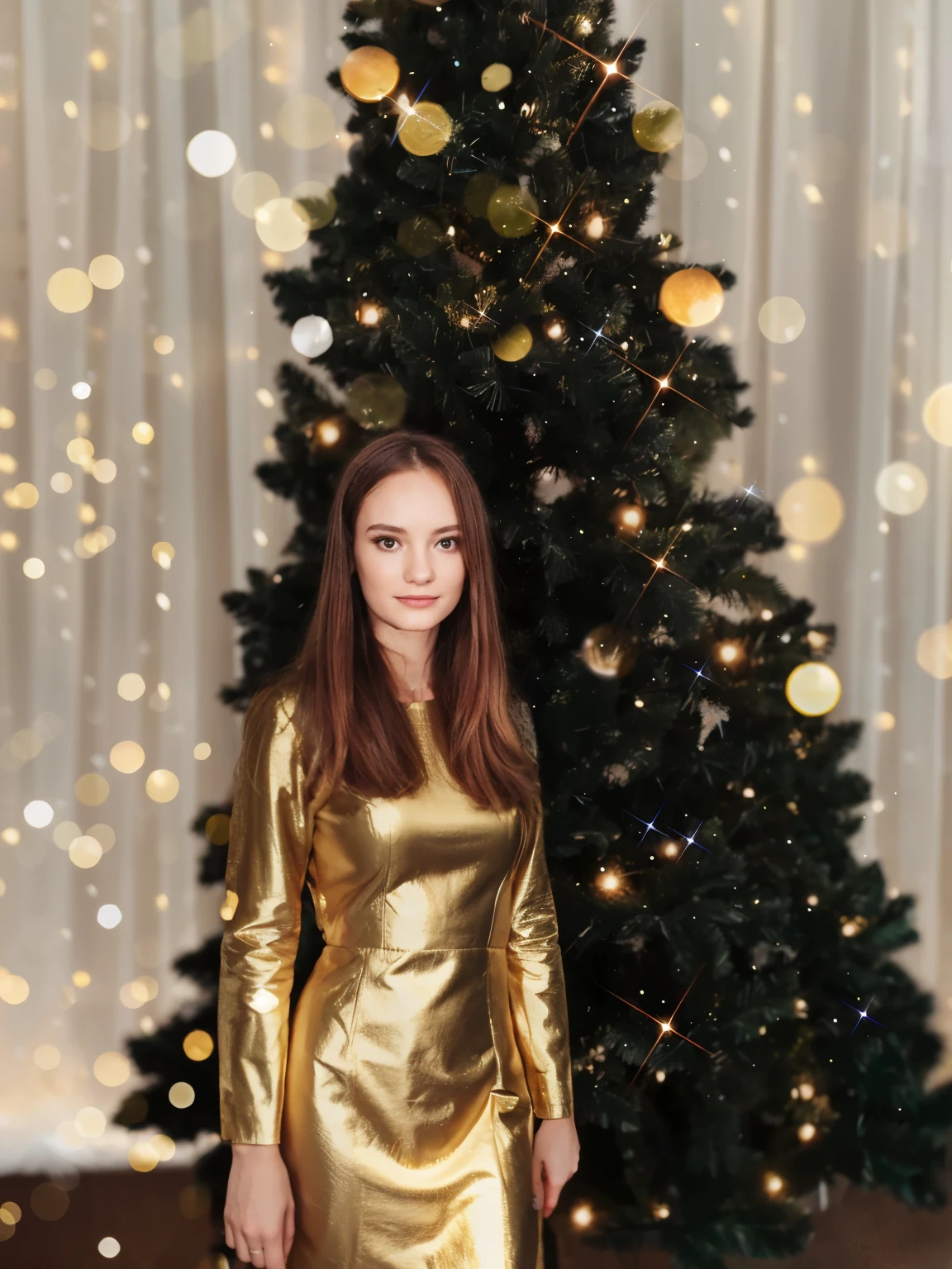 Festive golden dress with Long sleeves, natural fabric, natural pleats
