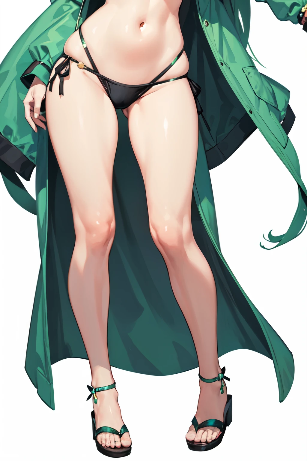 (Best quality, masterpiece), 1 girl, (simple white background: 1.2), green hair, super cute, full body, ID photo, close-up, long hair, small chest, bikini, blush, sandals, big hips