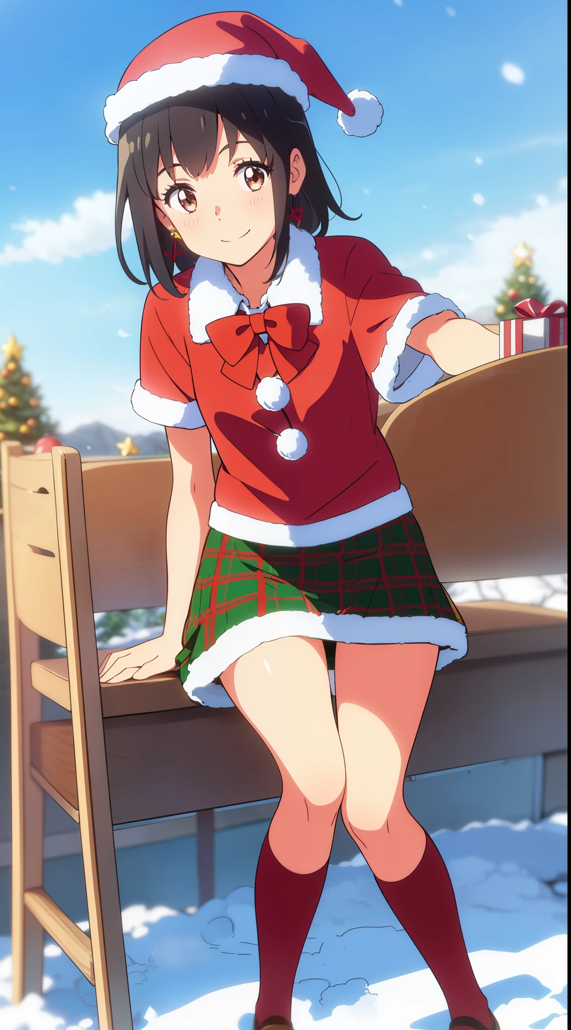 shinkai makoto, kimi no na wa., 1girl, bangs, black hair, blush, bright eyes, brown eyes, bow, red bow, ribbon, red ribbon, short hair, medium breats, solo, perfect hands perfect anatomy, sweet face, day, outdoors, winter scenery, snow, steam, cloud, Against the background of winter scenery, Santa Claus costume, Christmas uniform, Christmas shirt, red Christmas shirt, skirt, plaid skirt, green plaid skirt, short sleeves, candy cane stockings, jingle bell earrings, Santa Claus hat