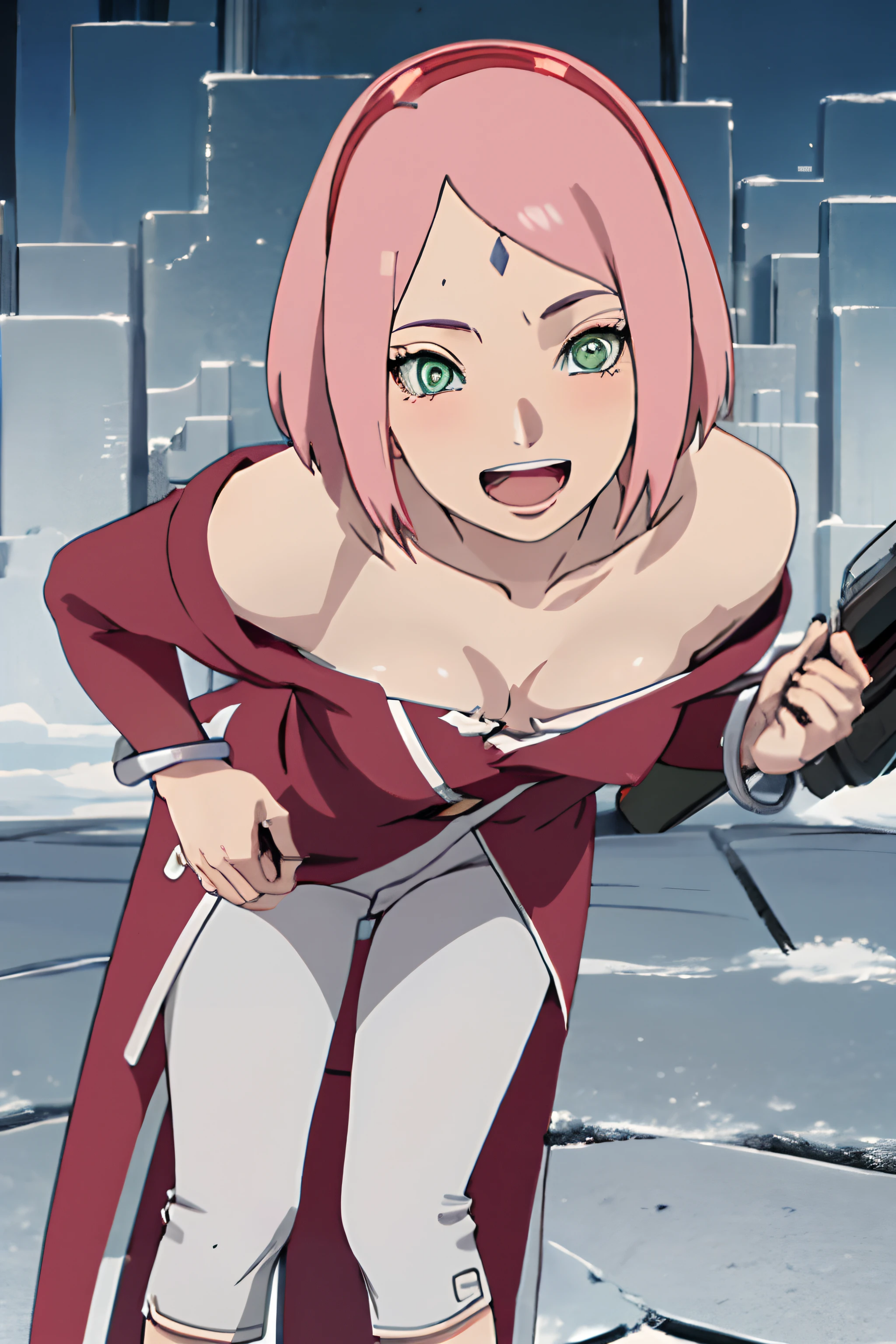 anime screencap, pink hair, short hair, green eyes,skinny, absurdres , 1girl,haruno sakura, red sleeveless dress, white pants, bracelets, forehead mark, red hairband, uchiha crest, small breasts, solo, cleavage, open mouth, looking at viewer, smile, leaning forward, downblouse, blush, collarbone, low-tied, short hair, small breasts, obi, off shoulder, small breasts, :d, bent over