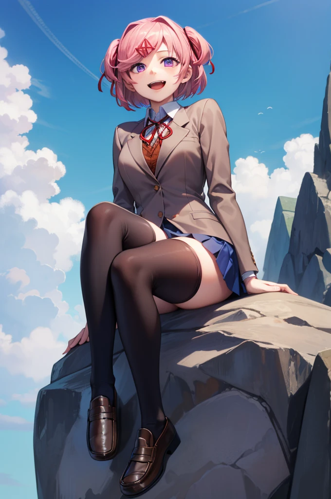 ((full body:1.4)), ddlcnatsuki, ddlcnatsuki, fang, hair ornament, pink hair, (purple eyes:1.1), short hair, short sidetail, swept bangs, x hair ornament, BREAK blazer, blue skirt, brown jacket, collared shirt, jacket, long sleeves, miniskirt, neck ribbon, pleated skirt, red ribbon, ribbon, school uniform, shirt, skirt, swept bangs, vest, white shirt, wing collar, x hair ornament, ((sitting on rock:1.4)), ((medium breasts:1.4)), ((Brown loafers:1.4)) BREAK looking at viewer, BREAK indoors, classroom, BREAK (masterpiece:1.2), best quality, high resolution, unity 8k wallpaper, (illustration:0.8), (beautiful detailed eyes:1.6), extremely detailed face, perfect lighting, extremely detailed CG, (perfect hands, perfect anatomy), ((wide smile:1.4)), ((open mouth:1.4)), ((sky from bellow:1.4)), ((view from below:1.4)), ((black thighhighs:1.4)),