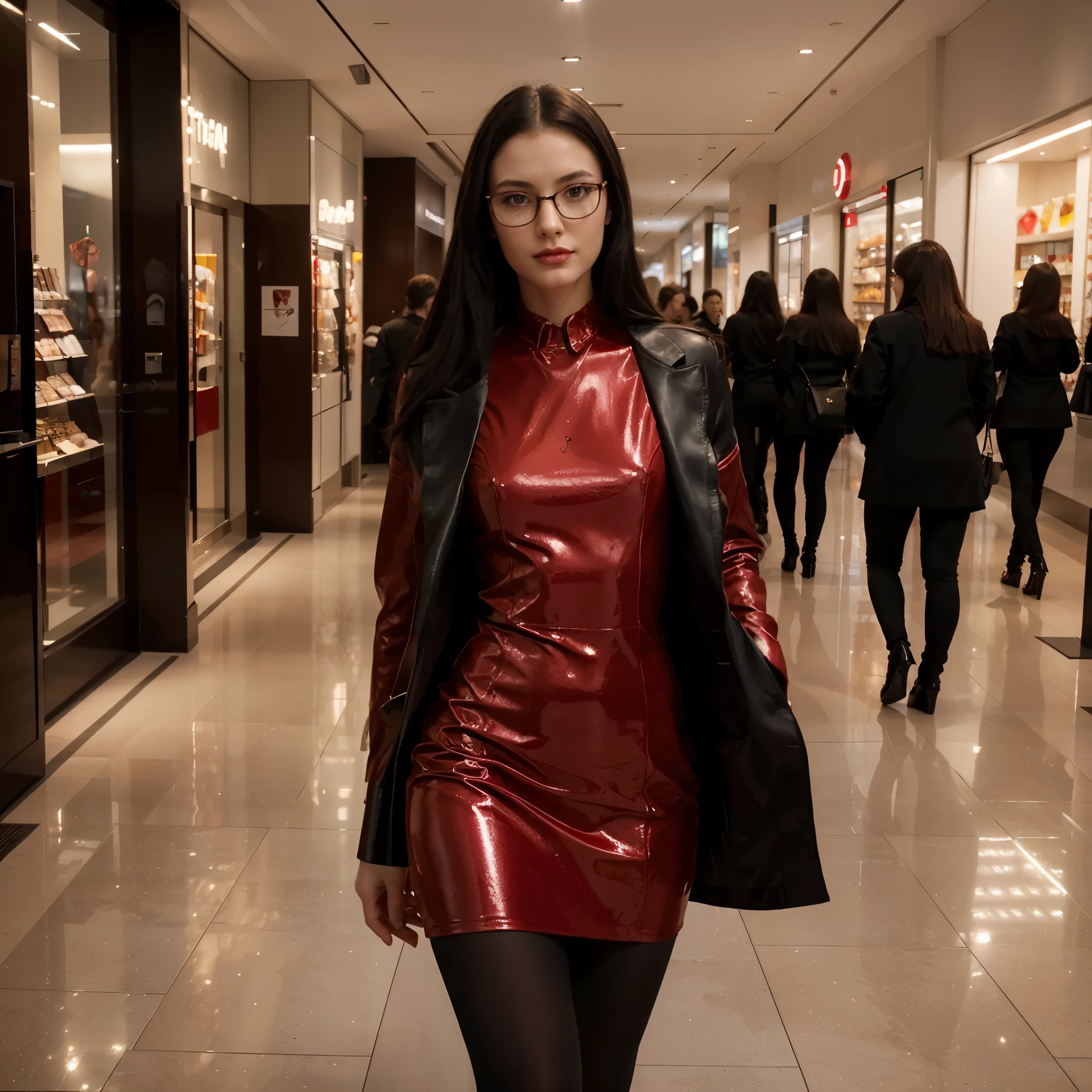 a single girl in a photo, one girl, no other people, a sexy caucasian skinny nerdy young girl with glasses, elegant makeup (complex details: 1.2), (highest quality: 1.4), (ultra high definition: 1.2), ultra high definition, (detailed eyes), (detailed facial features), HDR, 8k resolution, young elegant rich woman walking in a shopping centre, side view photo, red theme, red rich lipstick, seductive, long black hair with red elements, alternative girl, amazing rich haircut, high heels, pantyhose, elegance and seduction, red dress shiny, red outfit, rich coat, natural beauty, classy woman