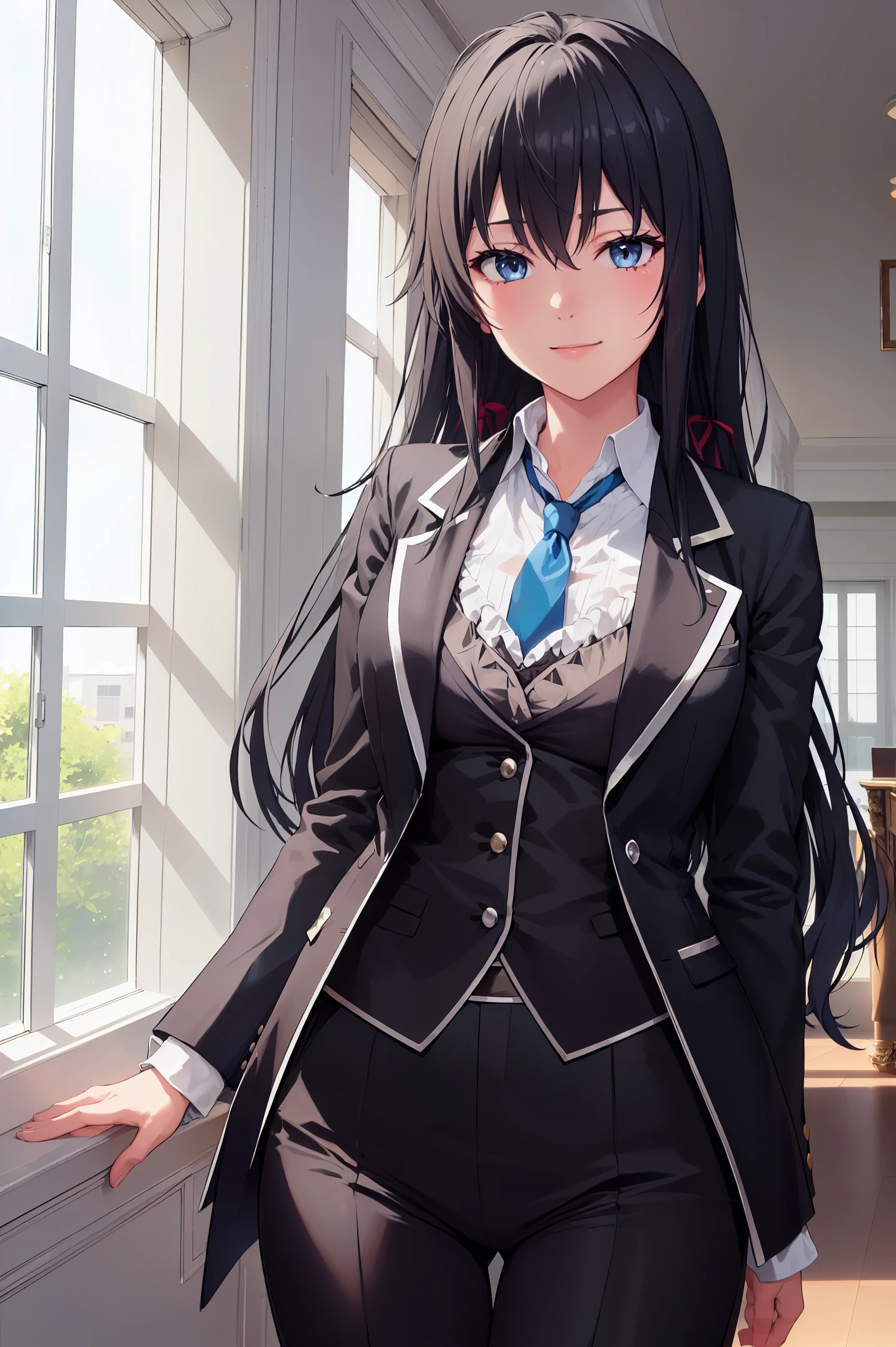 Yukinoshita yukino ,woman in formal attractive tailcoat standing in a large alcove in the room , 1girl, solo, blue necktie, black hair, blue eyes, long hair, smile , collared shirt, white pants, white shirt , tailored tailcoat elegant , standing in front of a window ,tailcoat tailored to perfection. Featuring striking Victorian theme and crafted from the lustrous fabric