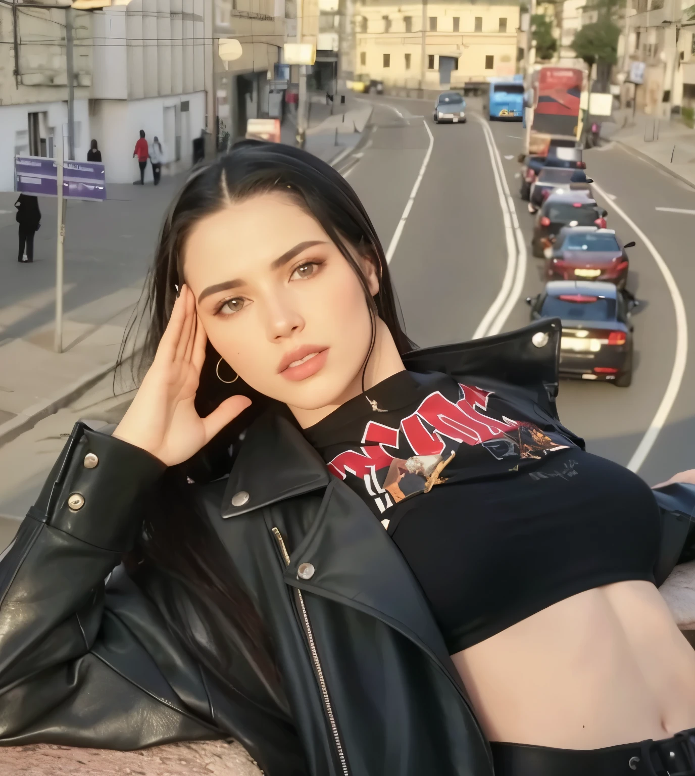 Mulher arafiada com uma jaqueta de couro preta posando em uma borda, Estilo de Julia Razumova, julia gorokhova, Olga Buzova, Anastasia Ovchinnikova, Anna Nikonova aka Newmilky, Taran Dasha, Yelena Belova, Dua Lipa, Alexandra Waliszewska, Angelina Stroganova