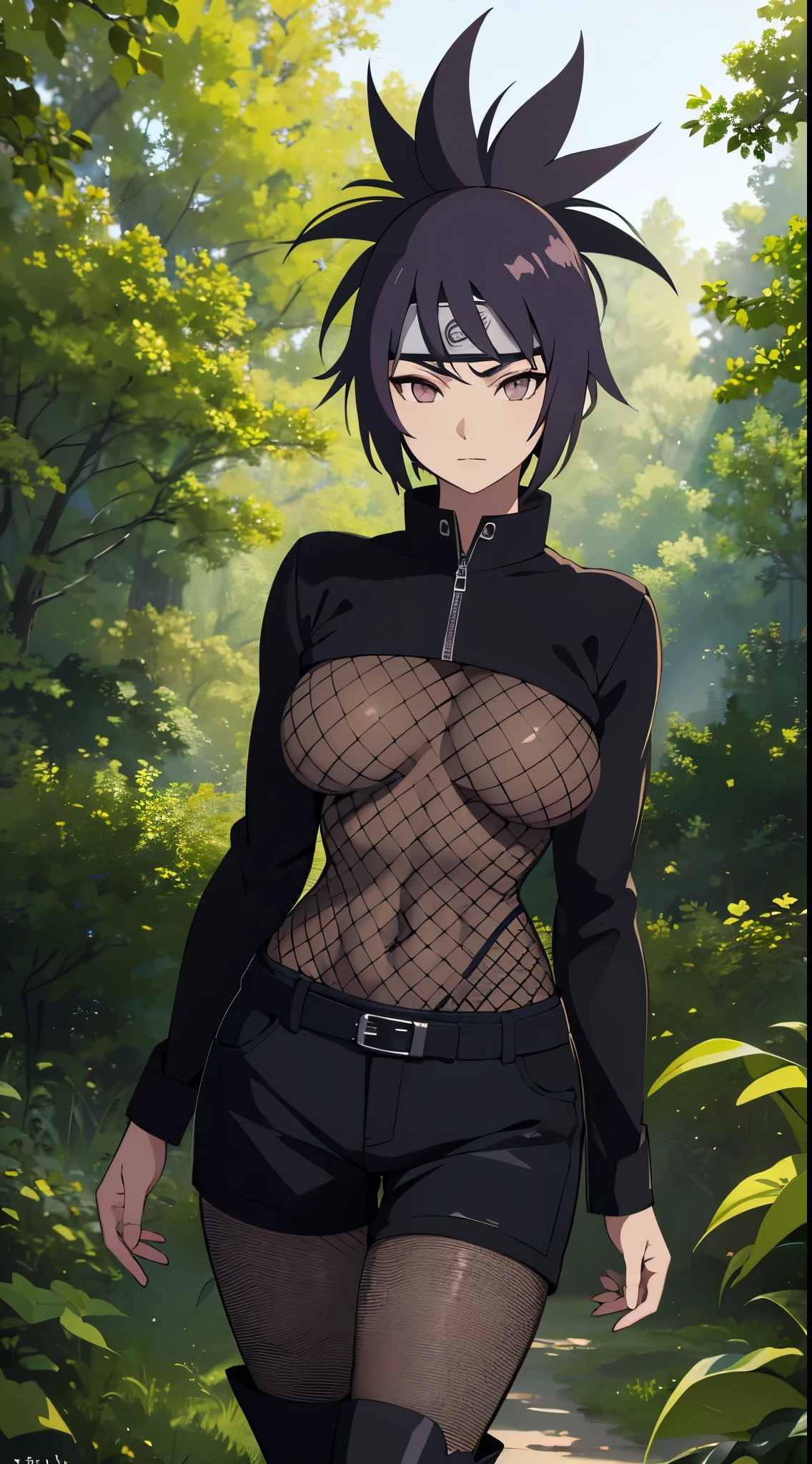 (best quality,4k,highres:1.2),ultra-detailed,(realistic:1.37),Anko Mitarashi from the anime Naruto,full-height body with clear details,emphasized eyes,ample bust,long legs,dark purple short hair,forehead protector,black mesh top,open black jacket,dark purple shorts with fishnet stockings,black boots,posing confidently in a dynamic stance,standing in a forest backdrop with sunlight filtering through the leaves,exuding an aura of strength and determination,anime-style vibrant colors,soft lighting to highlight her features and create a sense of depth