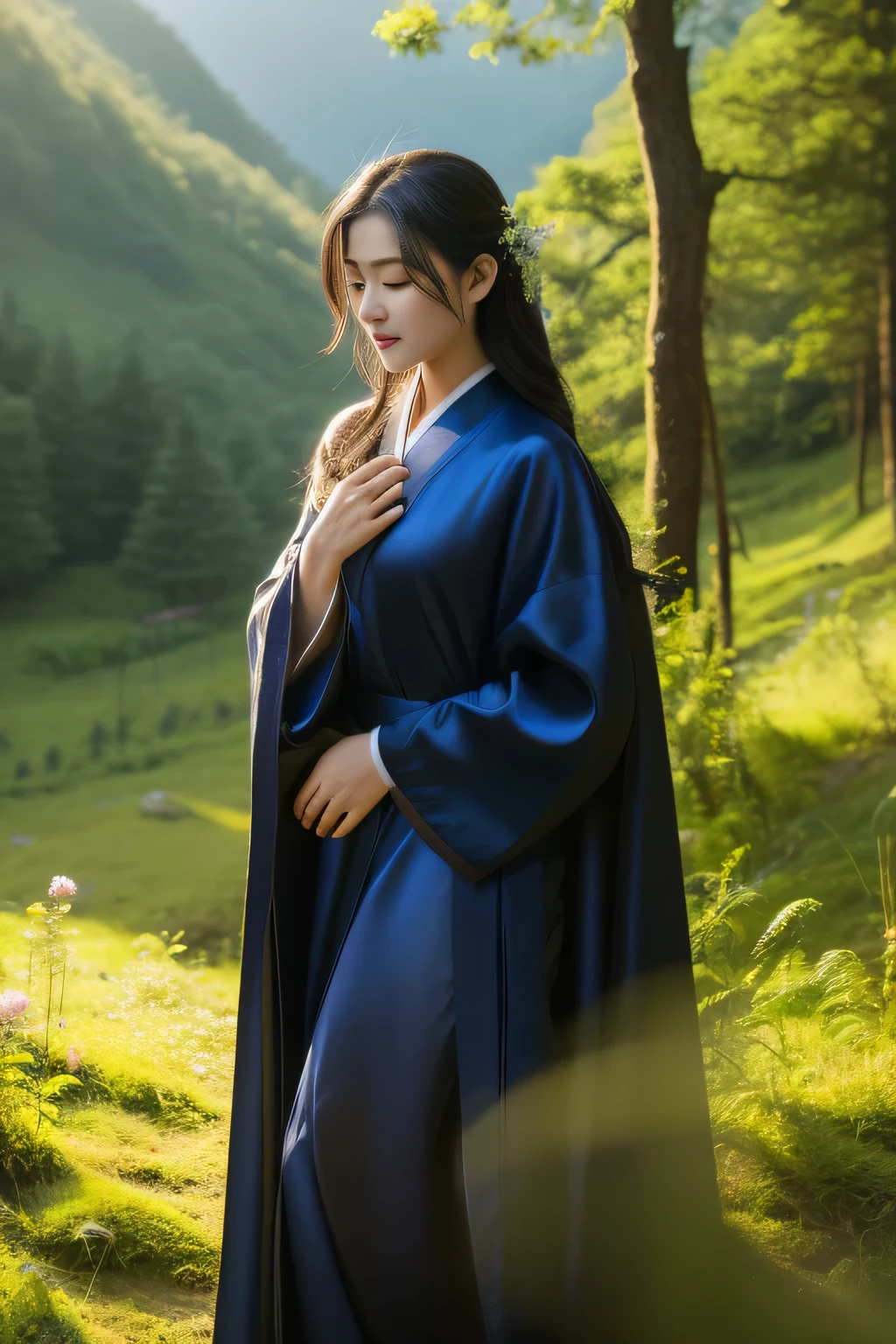 (masterpiece、high-level image quality、hightquality)、(Mystical scene、nature's hymn、the woodajestic mountain)、femele、modeled、Good looks、Perfect、Black hair swaying in the wind、silk robe、suns、
