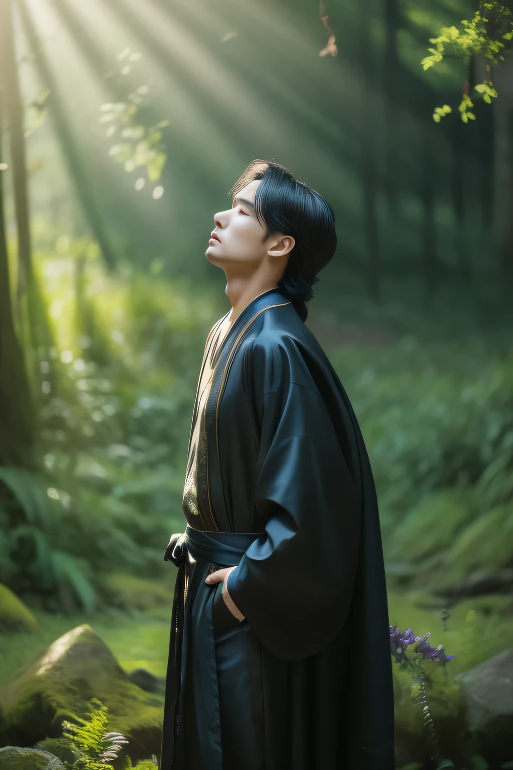 (​masterpiece、high-level image quality、hightquality)、(Mystical scene、nature&#39;s hymn、the woodajestic mountain)、femele、modeled、Good looks、Perfect、Black hair swaying in the wind、silk robe、suns、