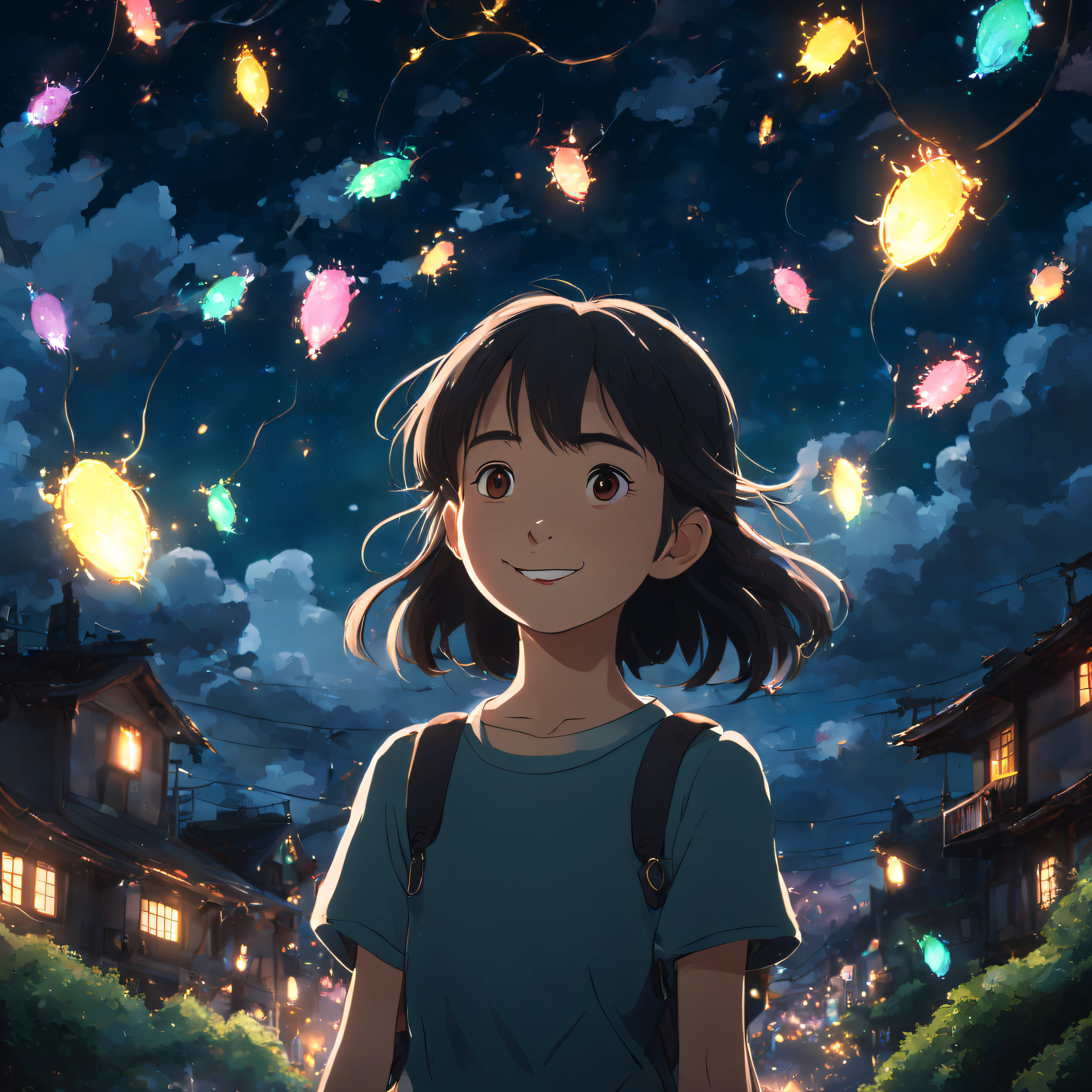 wide shot view, cinematic ,spectacular , 8k ,hi res , studio Ghibli style ,anime , young girl ,smiling ,playing with colored lights sparks ,night sky ,firefly's ,moonlight ,landscape in back ground light clouds.