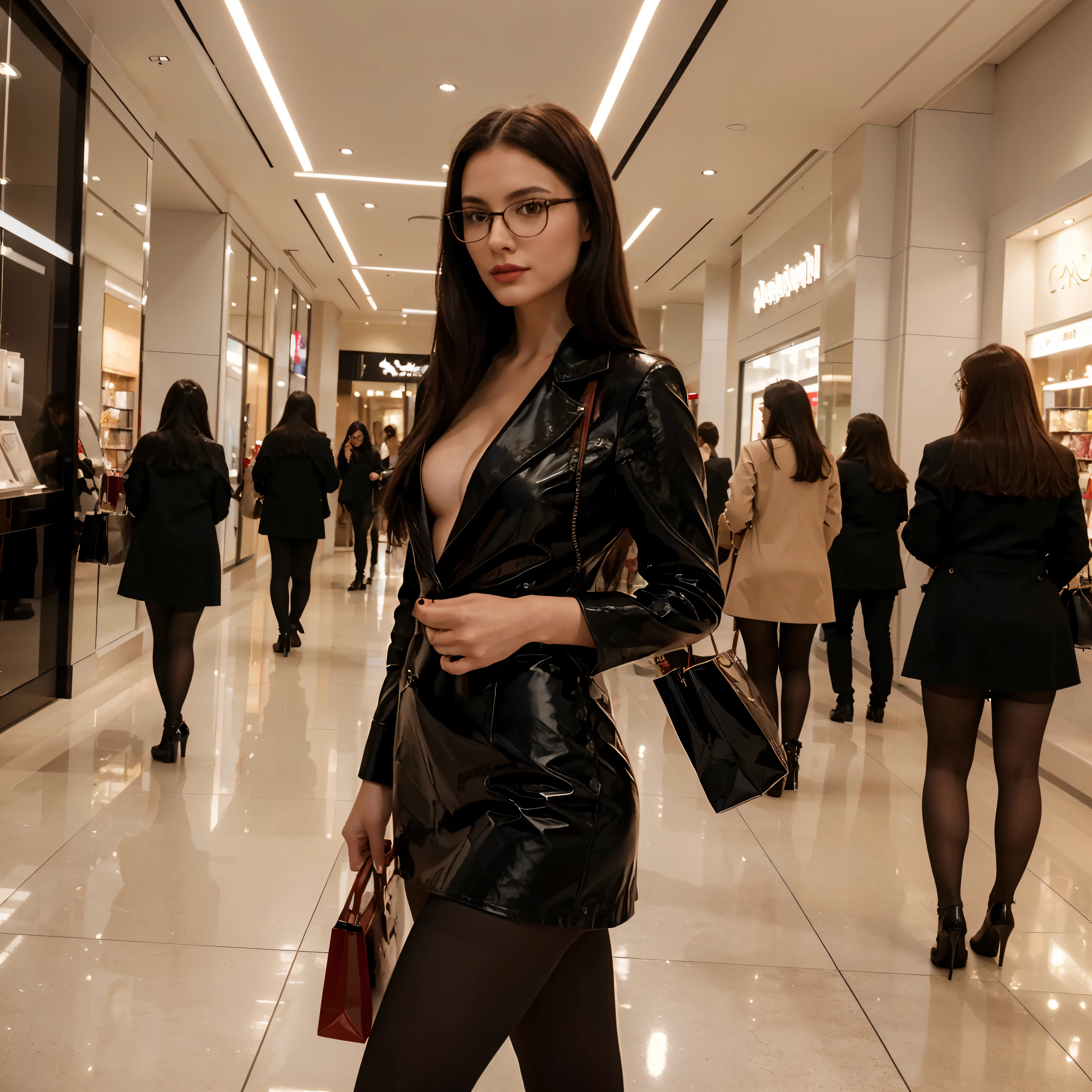 a single girl in a photo, one girl, no other people, a sexy caucasian skinny nerdy young girl with glasses, elegant makeup (complex details: 1.2), (highest quality: 1.4), (ultra high definition: 1.2), ultra high definition, (detailed eyes), (detailed facial features), HDR, 8k resolution, young elegant rich woman walking in a shopping centre, side view photo, red theme, red rich lipstick, seductive, long black hair with red elements, alternative girl, amazing rich haircut, high heels, pantyhose, elegance and seduction, red dress shiny, red outfit, rich coat, natural beauty, classy woman