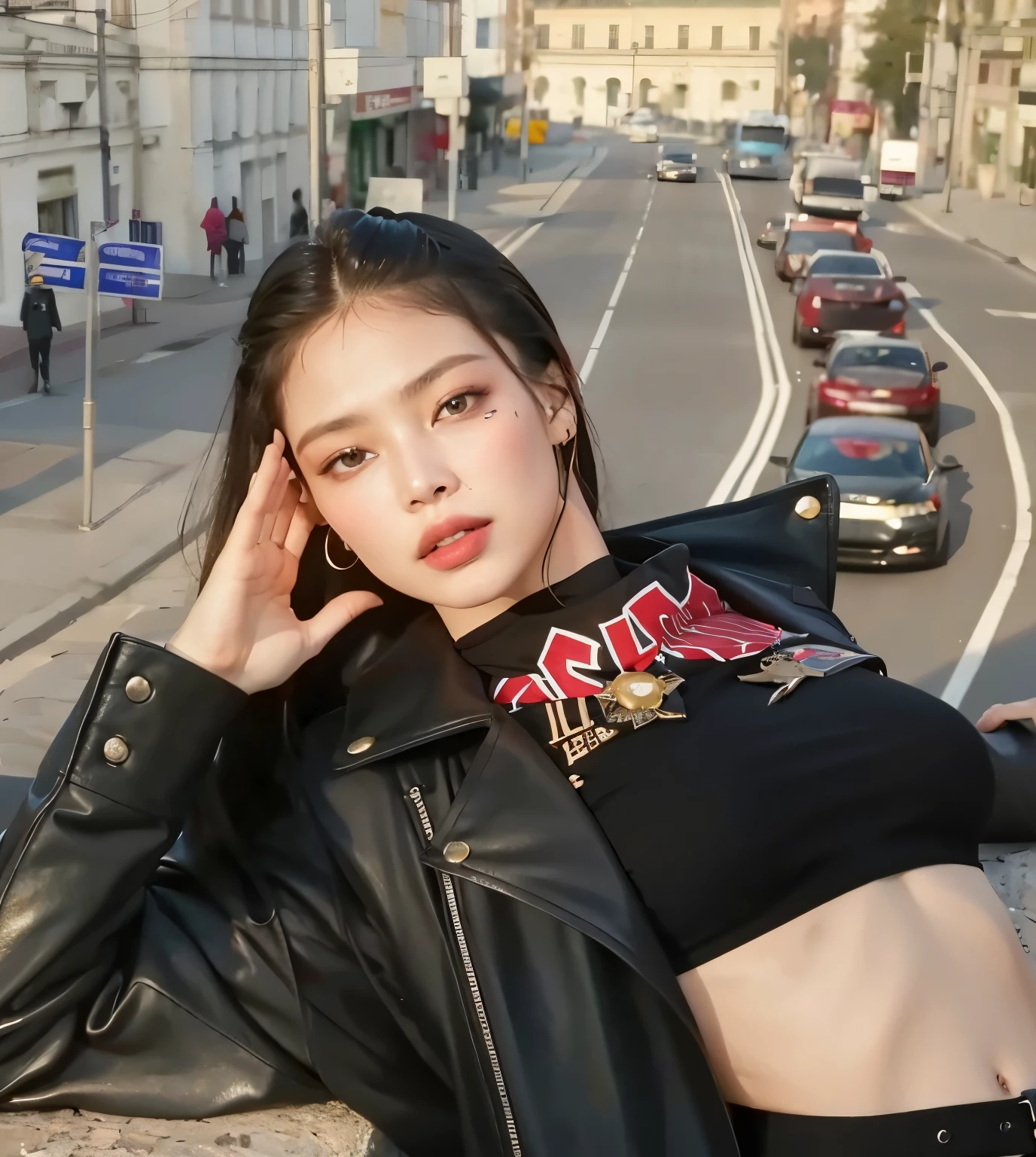 Jennie do blackpink arafiada com uma jaqueta de couro preta posando em uma borda, Estilo de Julia Razumova, julia gorokhova, Olga Buzova, Anastasia Ovchinnikova, Anna Nikonova aka Newmilky, Taran Dasha, Yelena Belova, Dua Lipa, Alexandra Waliszewska, Angelina Stroganova