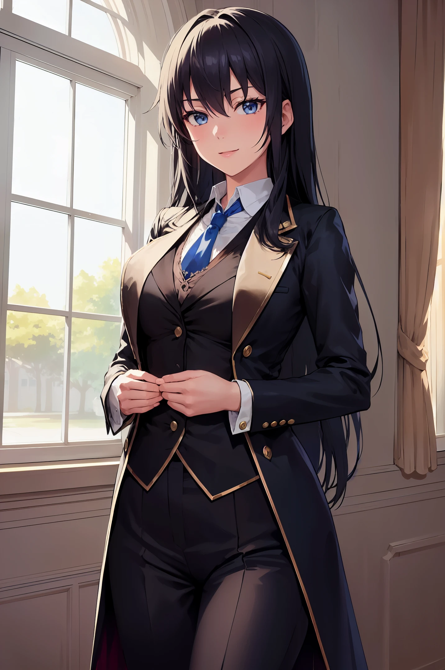 Yukinoshita yukino ,woman in formal attractive tailcoat standing in a large alcove in the room , 1girl, solo, blue necktie, black hair, blue eyes, long hair, smile , collared shirt, white pants, white shirt , tailored tailcoat elegant , standing in front of a window ,tailcoat tailored to perfection. Featuring striking Victorian theme and crafted from the lustrous fabric