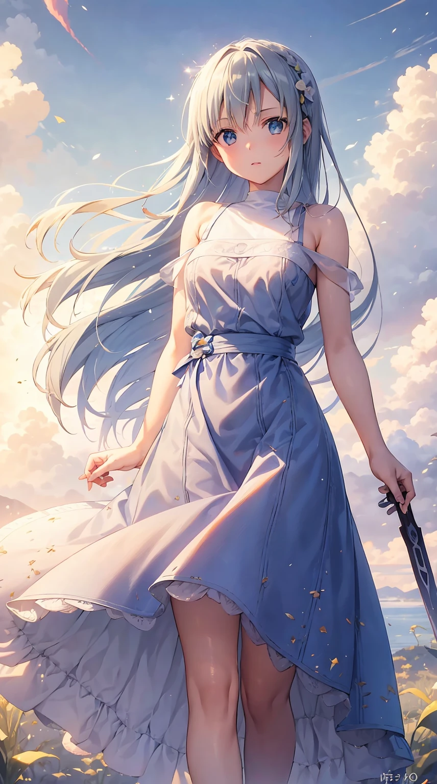 Sword art online asuna, grass field、blue open sky、White cumulonimbus clouds、contrail、glowing sun、Steppe grass swaying in the wind、Photoquality、Live action、Realisticity、Transparency、Realistic depiction、The 8k quality、nffsw、Digital SLR、hightquality、film grainujifilmXT3、Girl in white camisole dress、Standing posture、bare-legged、Hair swaying in the wind、Hair to the shoulders、Colossal titig eyeedium bob、eventide、