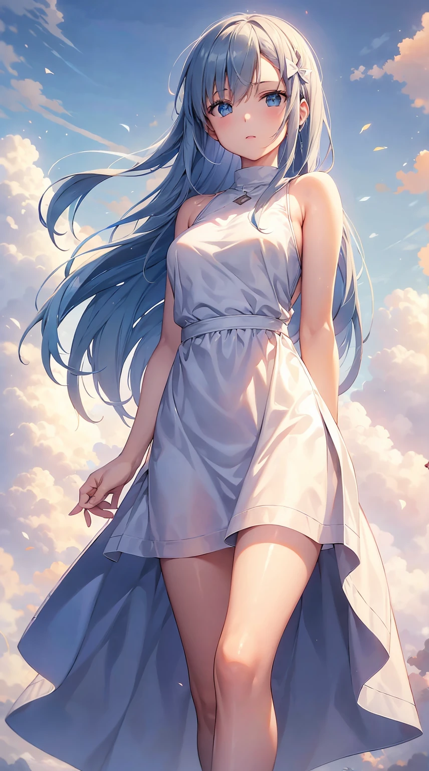 Sword art online asuna, grass field、blue open sky、White cumulonimbus clouds、contrail、glowing sun、Steppe grass swaying in the wind、Photoquality、Live action、Realisticity、Transparency、Realistic depiction、The 8k quality、nffsw、Digital SLR、hightquality、film grainujifilmXT3、Girl in white camisole dress、Standing posture、bare-legged、Hair swaying in the wind、Hair to the shoulders、Colossal titig eyeedium bob、eventide、