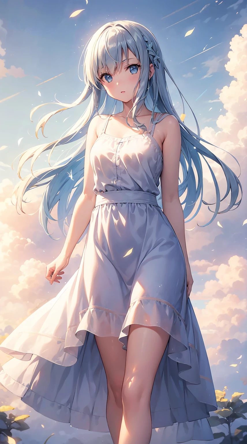 Sword art online asuna, grass field、blue open sky、White cumulonimbus clouds、contrail、glowing sun、Steppe grass swaying in the wind、Photoquality、Live action、Realisticity、Transparency、Realistic depiction、The 8k quality、nffsw、Digital SLR、hightquality、film grainujifilmXT3、Girl in white camisole dress、Standing posture、bare-legged、Hair swaying in the wind、Hair to the shoulders、Colossal titig eyeedium bob、eventide、