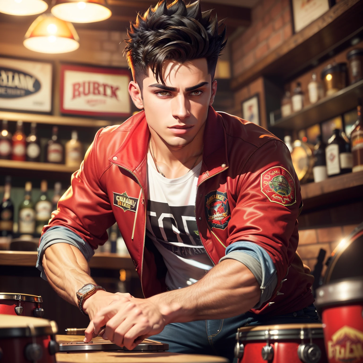 (dramatic illumination, dynamic angle, intense color contrast), (muscular young man with spiked black hair, olive skin and brown eyes: 1.2), (playing drums: 1.2), (wearing red varsity jacket and jeans: 1.1), pub/old-fashioned bar/country bar: 1.1), (bright spotlight, lively music)