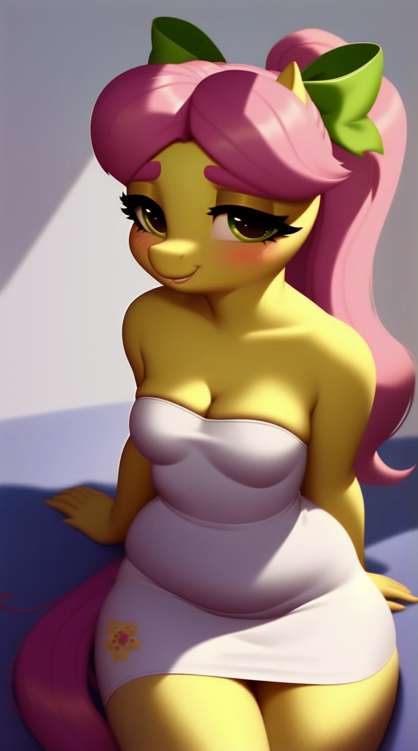 (score_9), (source_pony), (solo), ((anthro posey bloom1.1)), (strapless white tube dress), sexy, blushing, nervous look, smug, long messy hair in ponytail, lidded eyes, smiling at you, bedroom eyes, anatomically correct, small breasts, 2/3 body, solo, hourglass figure, curvy, plump body, chubby, adult, high res, facing viewer, (in bedroom),