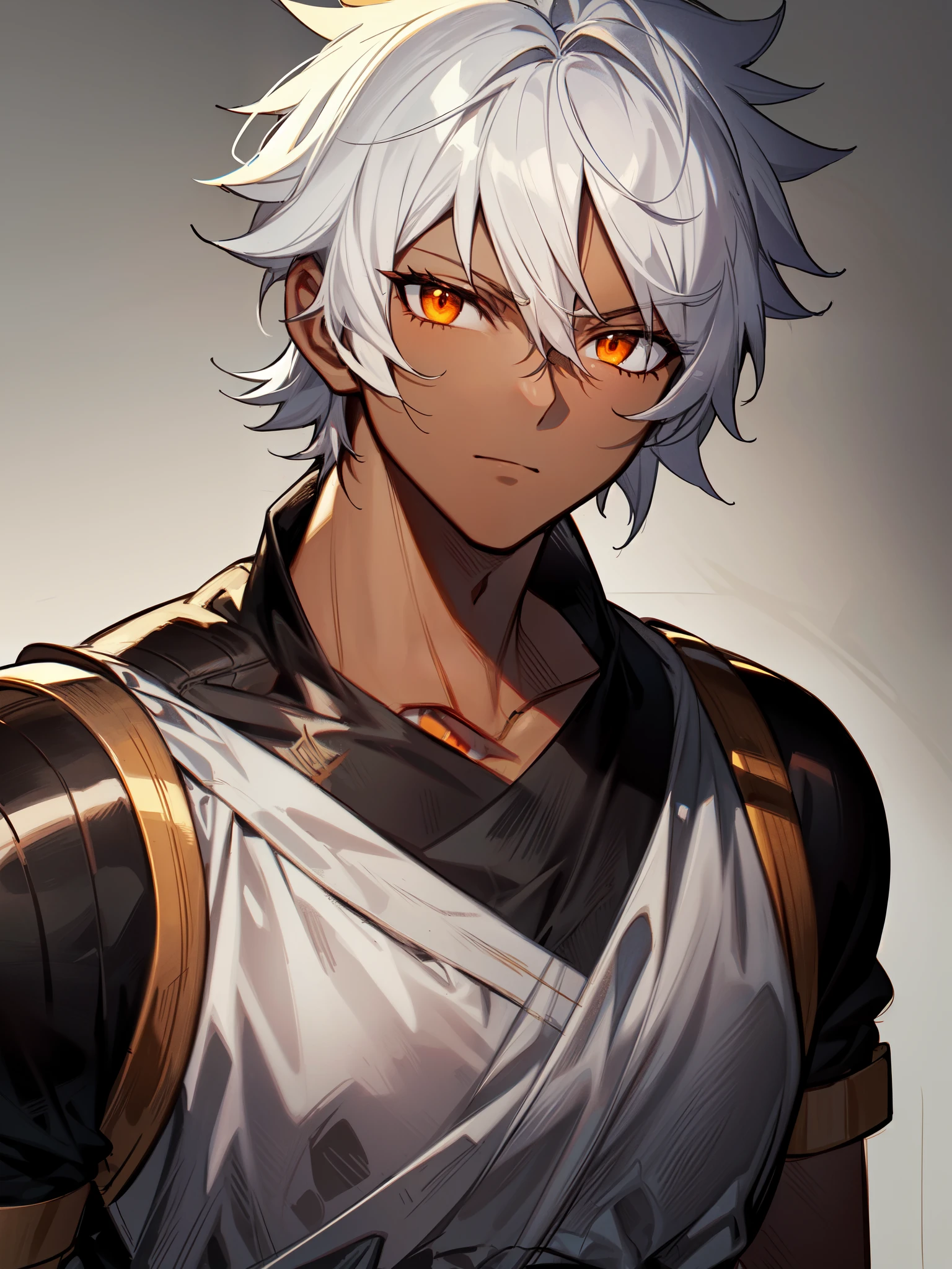 ((rough expression)), ((dark skin)), ((blacksmith armor)), ((ancient greek clothinuscular body)), ((rockhard abature male)), 1boy, beautifully drawn, high resolution illustration, best quality, High definition, ((detailed anime sketch)), Masterpiece, (solo), absurdres, portrait, ((upper body)), ((close-up)), ((white hair)), ((spiked hair)), detailed background, fine detail, male focus, HDR, ((short hair)), ((orange eyes)),