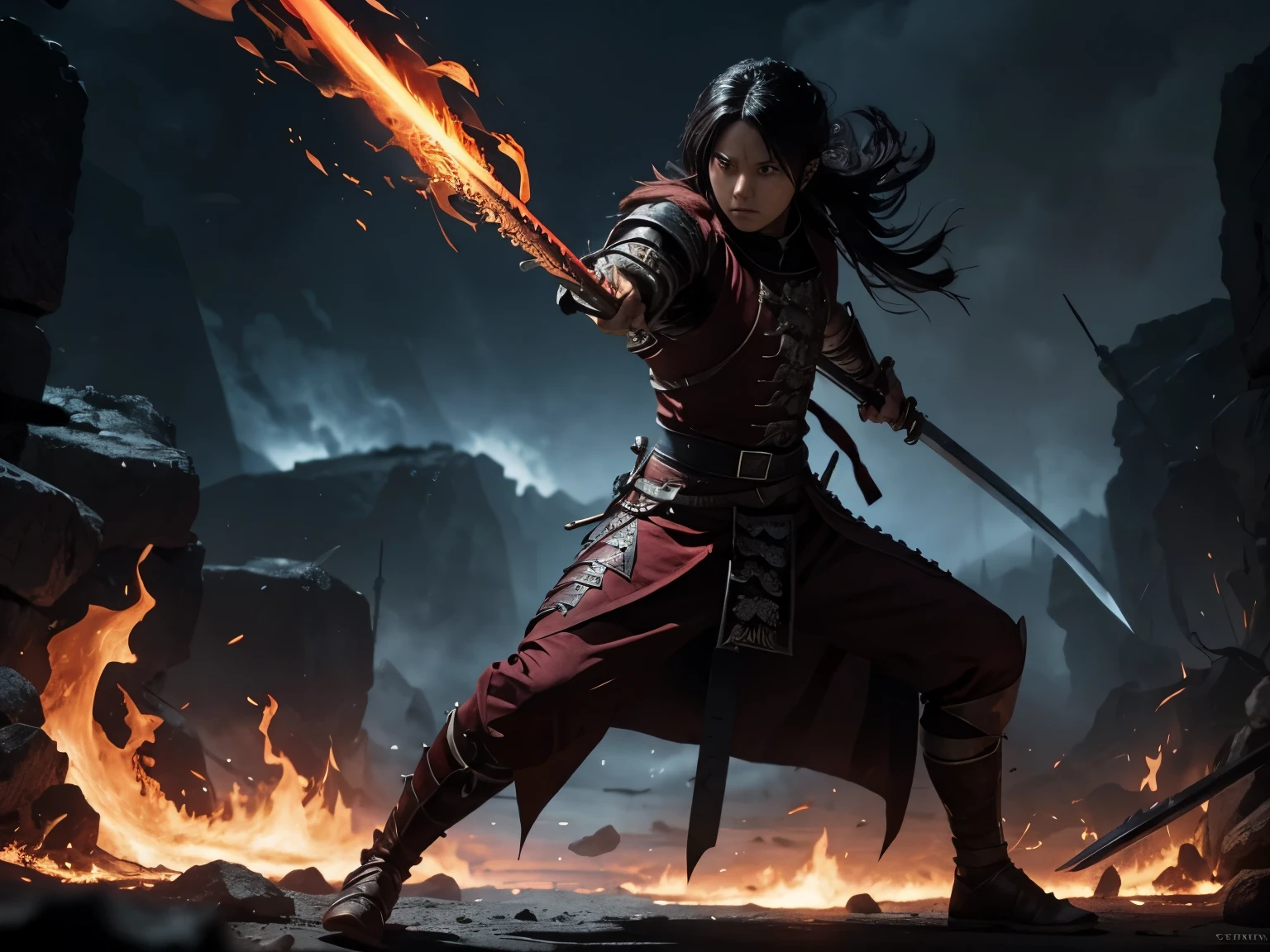 1 Demon slayer warrior, cool, realistic, wielding a sword, fire powers, full body