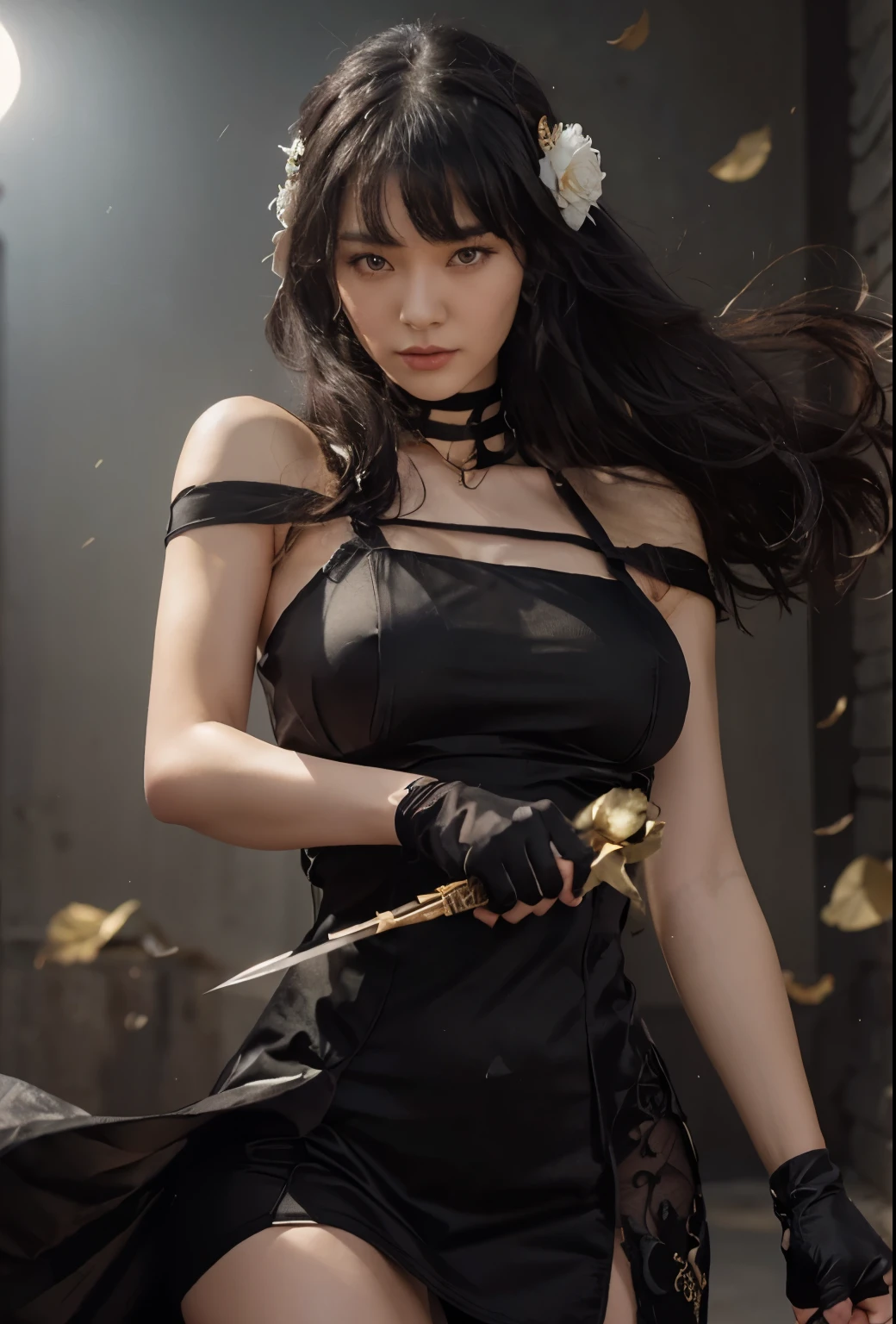 Women in black dress, long black hair, black bangs, pale skin, buetifull asian women, holding golden knige, wearing black fingerless gloves, wearing sexy dress, two flowers on either side of hair,