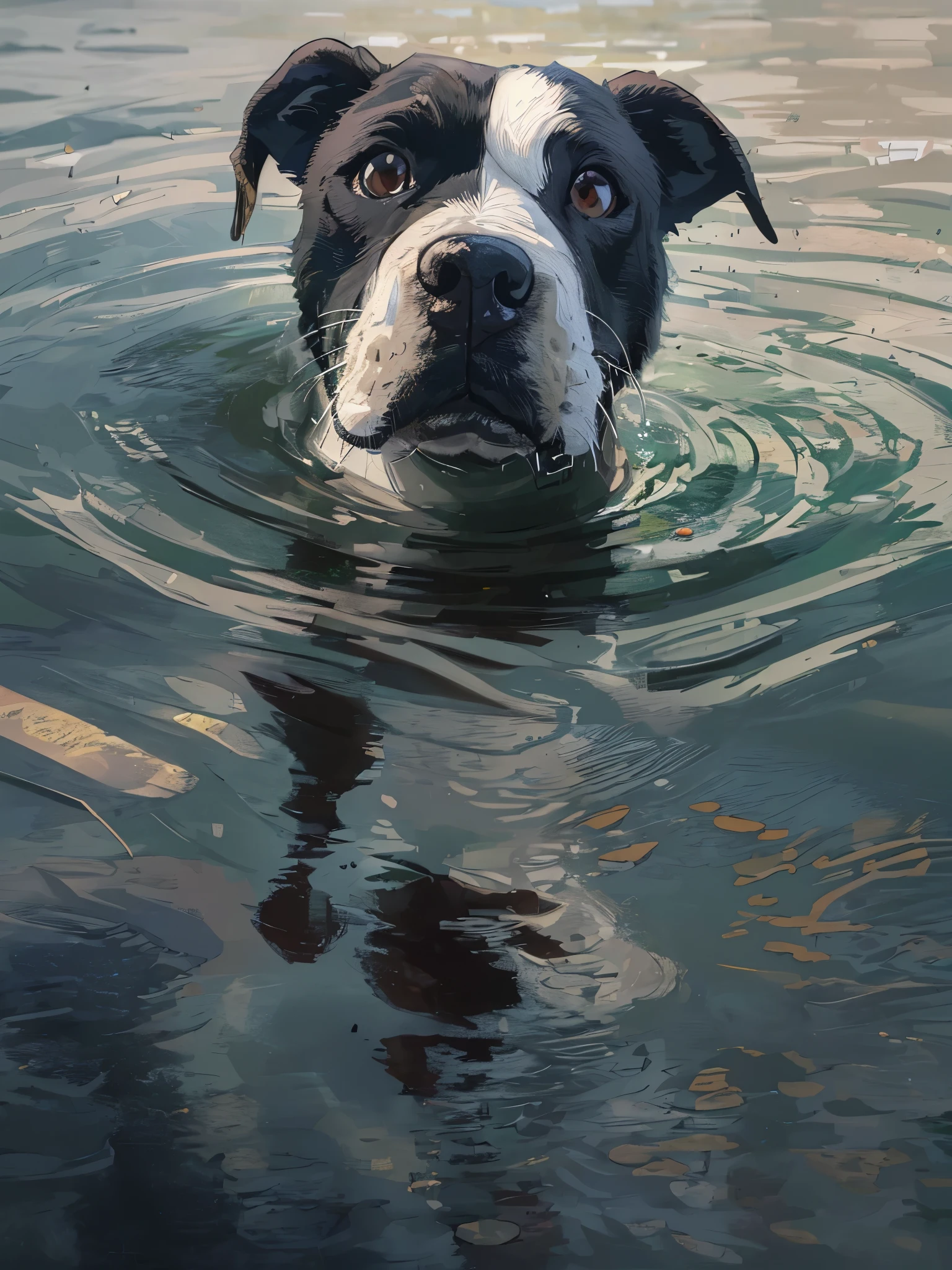 Photograph of a black and white pitbull terrier with puppy dog eyes dog paddling in the lake., depth of field, cinematic lighting, reflection light, UHD, masterpiece, anatomically correct, super detail, 8k