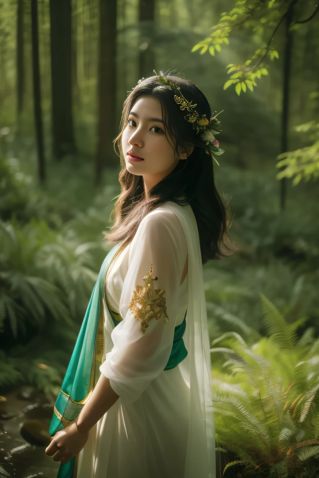 (​masterpiece、high-level image quality、hightquality)、(Mystical scene、nature&#39;s hymn、the woodajestic mountain)、femele、modeled、Good looks、Perfect、Black hair swaying in the wind、transparent silk garment、suns、wild bird、