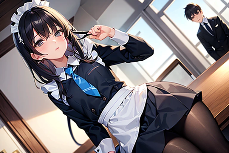 masterpiece, best quality, high quality, 1boy and 1 girl, boy, middle school student, school uniform, trousers, (blue tie:1.2), closed eyes, (hairstyle: straight), (black hair:1.2), middle hair, hair over one eye, sleeping at the desk BREAK girl, (neko, maid:1.2), cat ears, long brown hair, (grey eyes:1.1), sitting at desk in front of boy, (frome side:1.2)