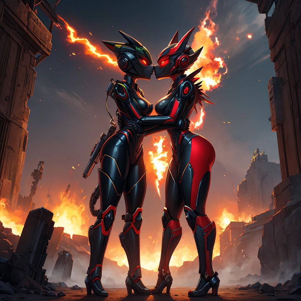 Female, kissing, hugging, loving, green black red, furry, anthro, kobold, android, metallic, robotic, shiny, no clothes, small breasts, thin body, curved thighs, standing, battlefield, holding blaster gun, demonic, glowing eyes, explosions, fires, lightning, debri, science fiction, scifi, high quality, mastpiece, war, fighting, sexy, detailed,