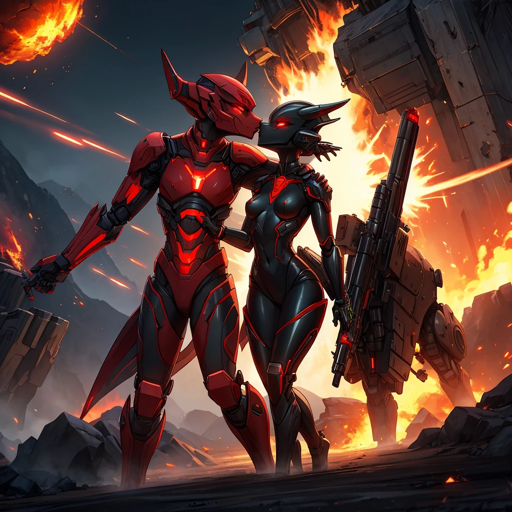 Female, kissing, hugging, loving, green black red, furry, anthro, kobold, android, metallic, robotic, shiny, no clothes, small breasts, thin body, curved thighs, standing, battlefield, holding blaster gun, demonic, glowing eyes, explosions, fires, lightning, debri, science fiction, scifi, high quality, mastpiece, war, fighting, sexy, detailed,