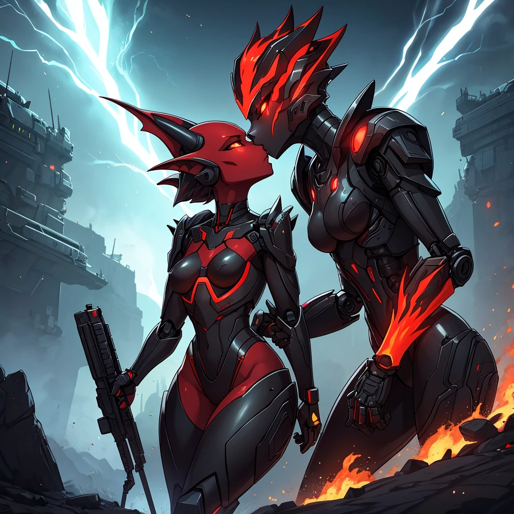 Female, kissing, hugging, loving, green black red, furry, anthro, kobold, android, metallic, robotic, shiny, no clothes, small breasts, thin body, curved thighs, standing, battlefield, holding blaster gun, demonic, glowing eyes, explosions, fires, lightning, debri, science fiction, scifi, high quality, mastpiece, war, fighting, sexy, detailed,