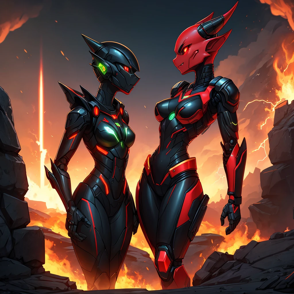 Female, kissing, hugging, loving, green black red, furry, anthro, kobold, android, metallic, robotic, shiny, no clothes, small breasts, thin body, curved thighs, standing, battlefield, holding blaster gun, demonic, glowing eyes, explosions, fires, lightning, debri, science fiction, scifi, high quality, mastpiece, war, fighting, sexy, detailed,