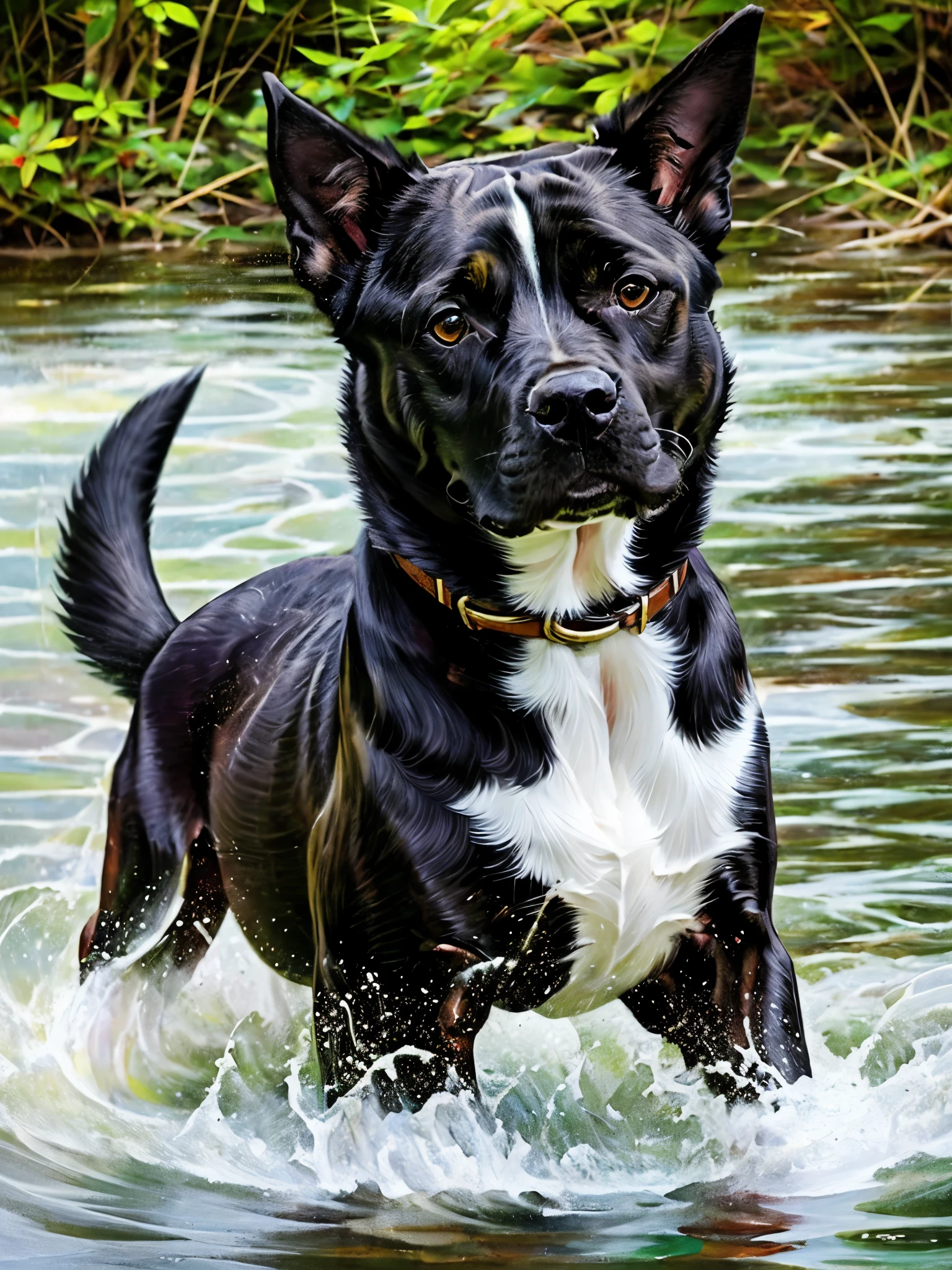 (best quality,ultra-detailed,realistic:1.37),black and white pitbull terrier with puppy dog eyes paddling in the lake,detailed fur,distinctive facial features,strong muscles,shimmering water reflections,vibrant green foliage,gentle ripples in the lake,clear blue sky,expressive eyes,graceful swimming motions,splashing water,light and shadow play,dappled sunlight on the fur,loyal and friendly demeanor,harmonious composition,contrast between black and white,crisp and sharp focus,masterpiece:1.2,contrasting textures,subtle variations,high contrast,emotionally captivating,perfectly captured moment,canine companionship,professional photography.